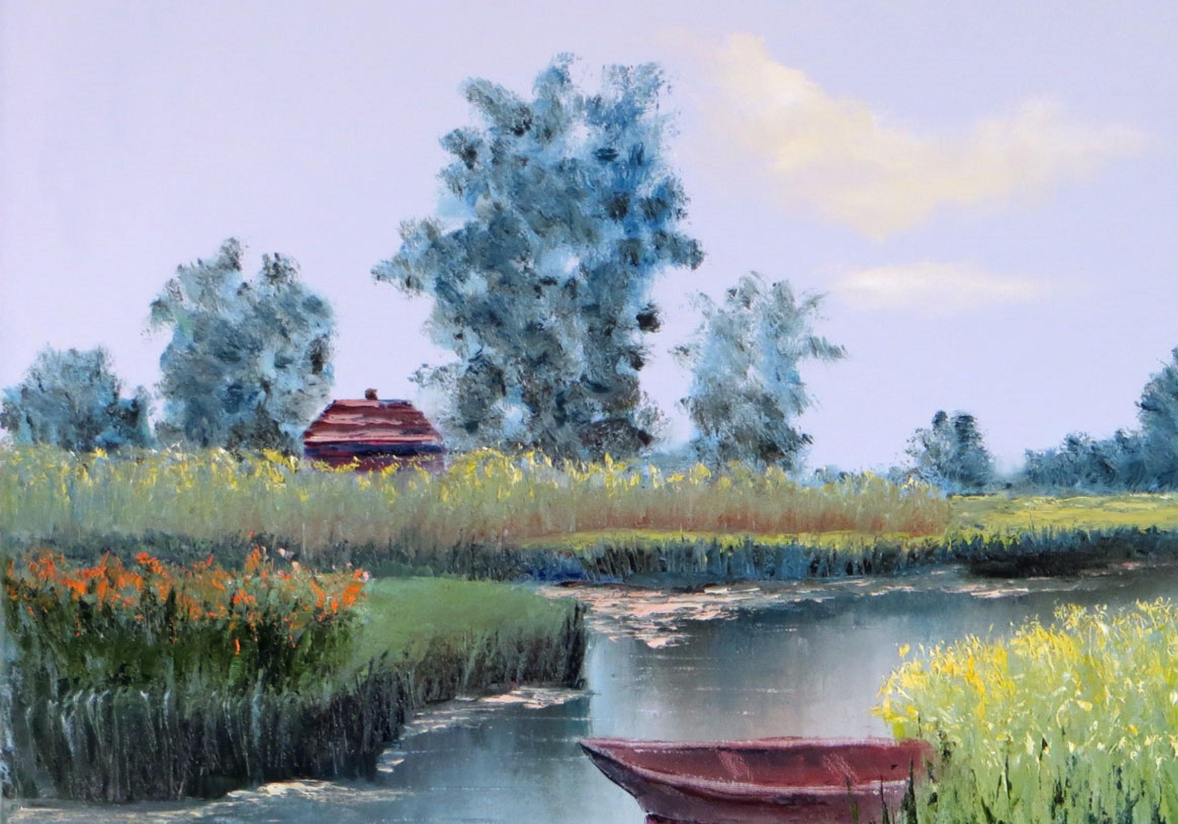 In this oil painting, I've woven tranquility with exuberant colors, capturing nature's quiet melody. I've layered impressionistic touches onto a realist framework, creating a dance of light across the serene waters. The small boat is a vessel for