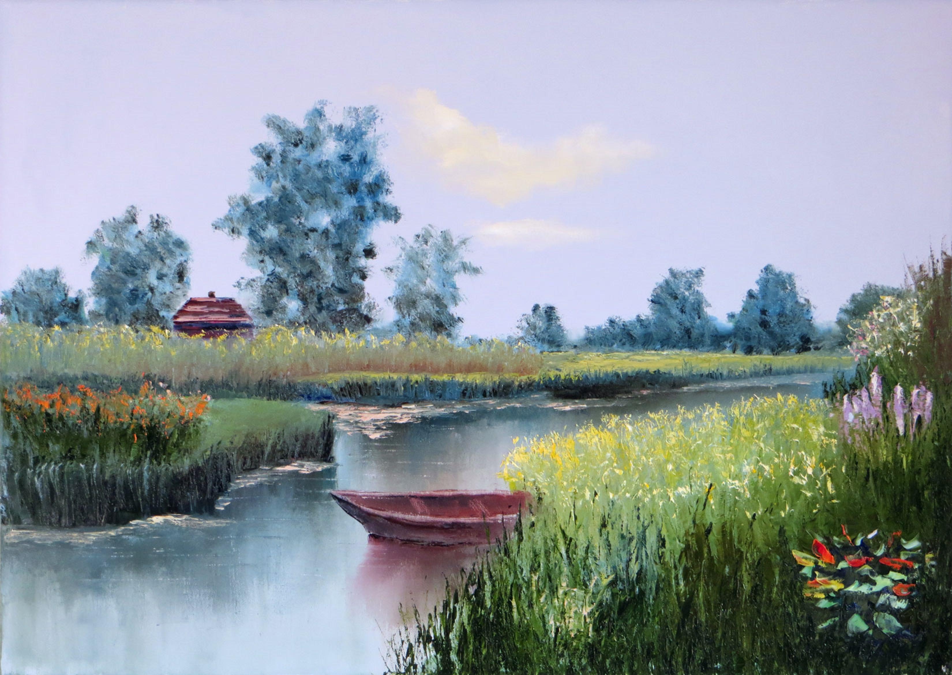 Elena Lukina Interior Painting - Rural landscape with a boat 