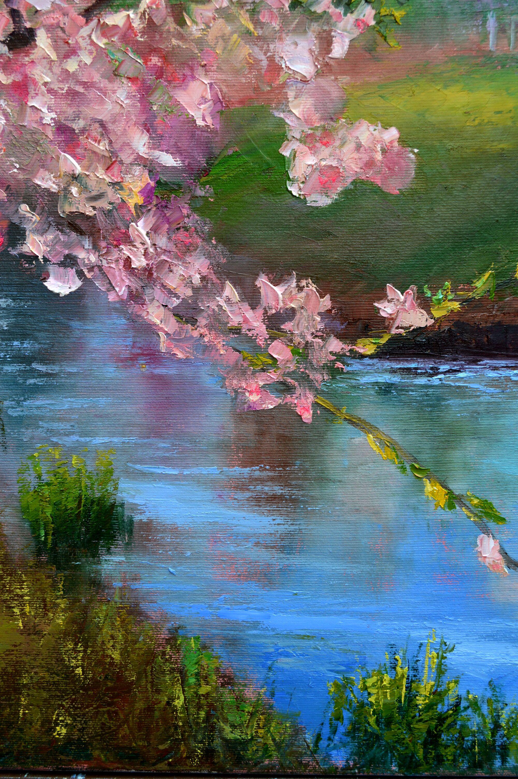 Sakura in the city park - Expressionist Painting by Elena Lukina