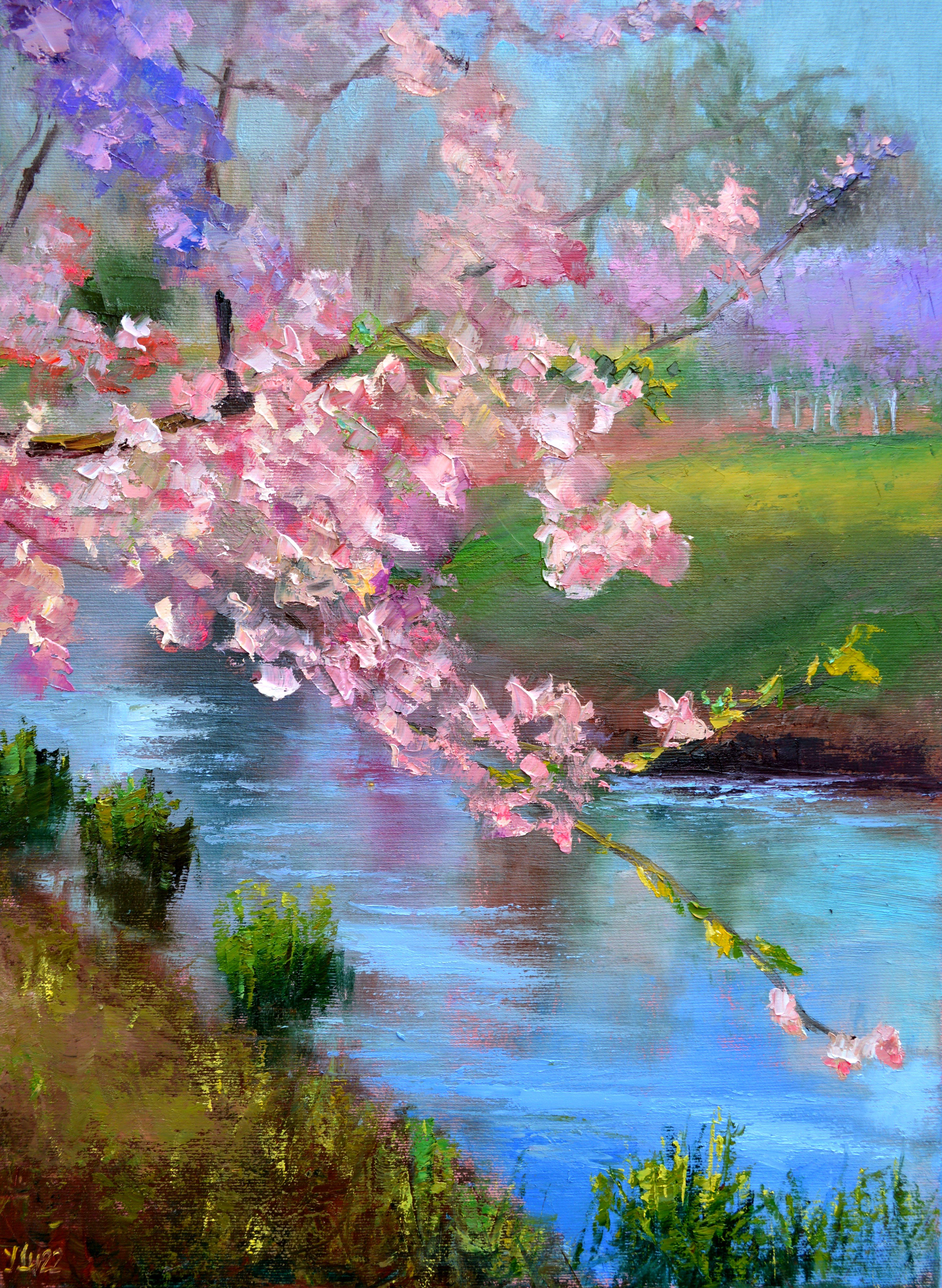 Elena Lukina Landscape Painting – Sakura im Stadtpark