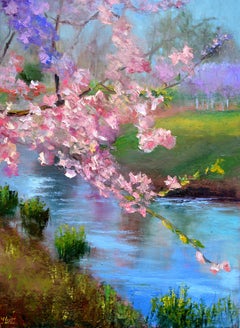 Kirschblüten im Stadtpark – Impressionistisches Landschaftsgemälde in Öl als Wandbild