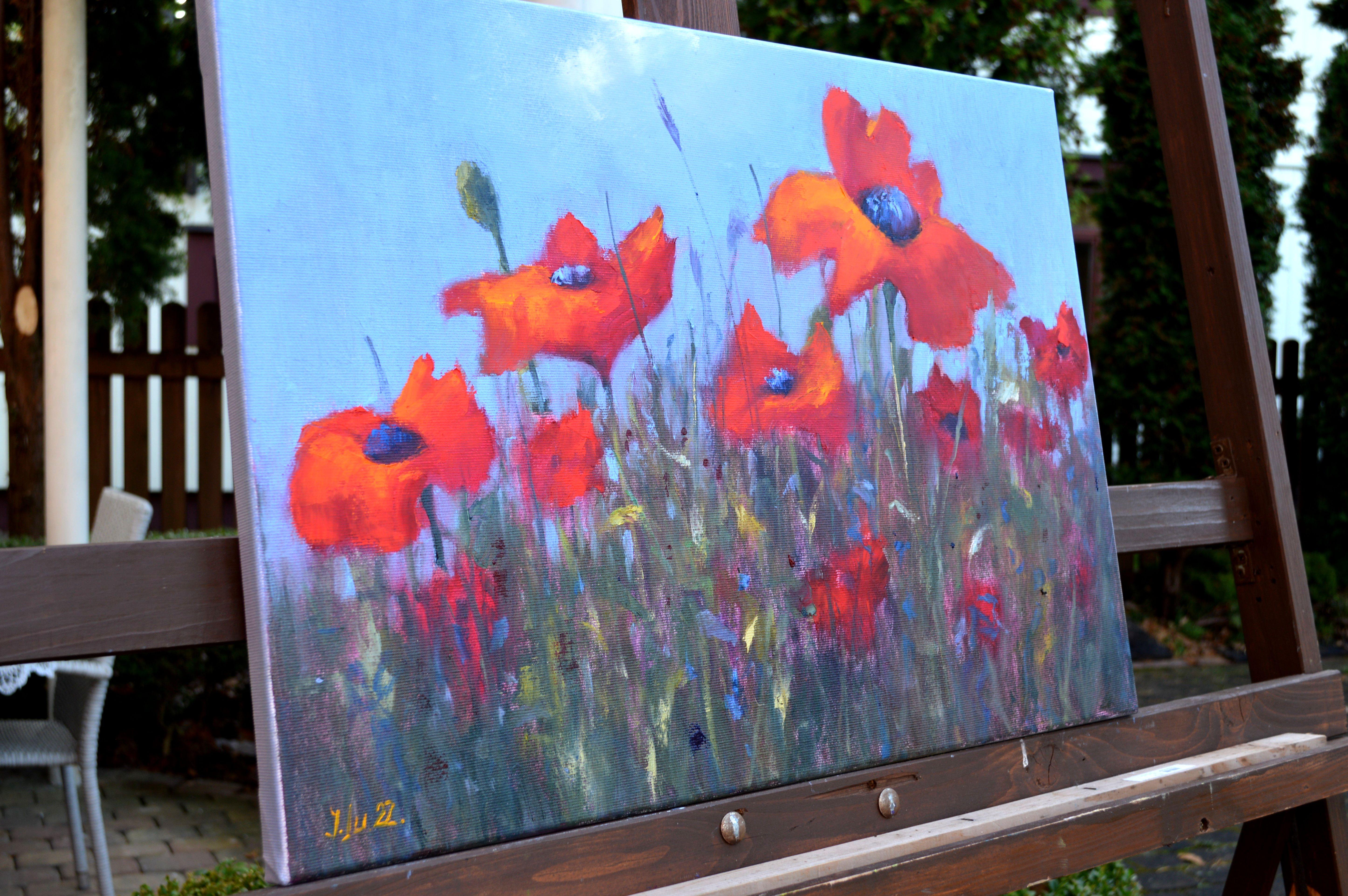 In this oil painting, I've poured my soul into capturing the wild, vibrant essence of poppies dancing in the breeze. Employing bold expressionist strokes and impressionistic color blends, the vivid reds and lush greens come alive, embodying passion,