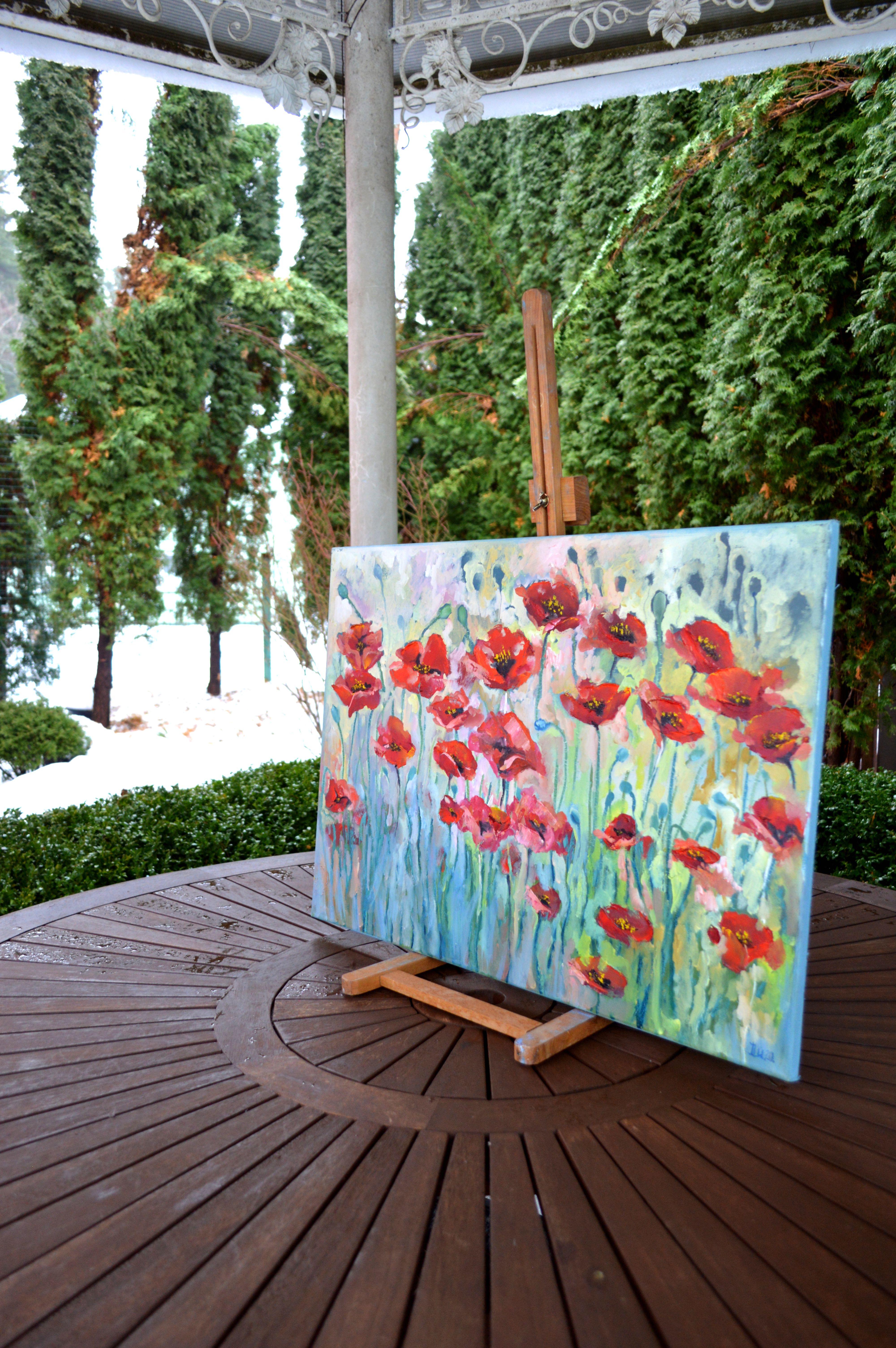 Scarlet Poppies 50X70 Ölgemälde (Grau), Landscape Painting, von Elena Lukina