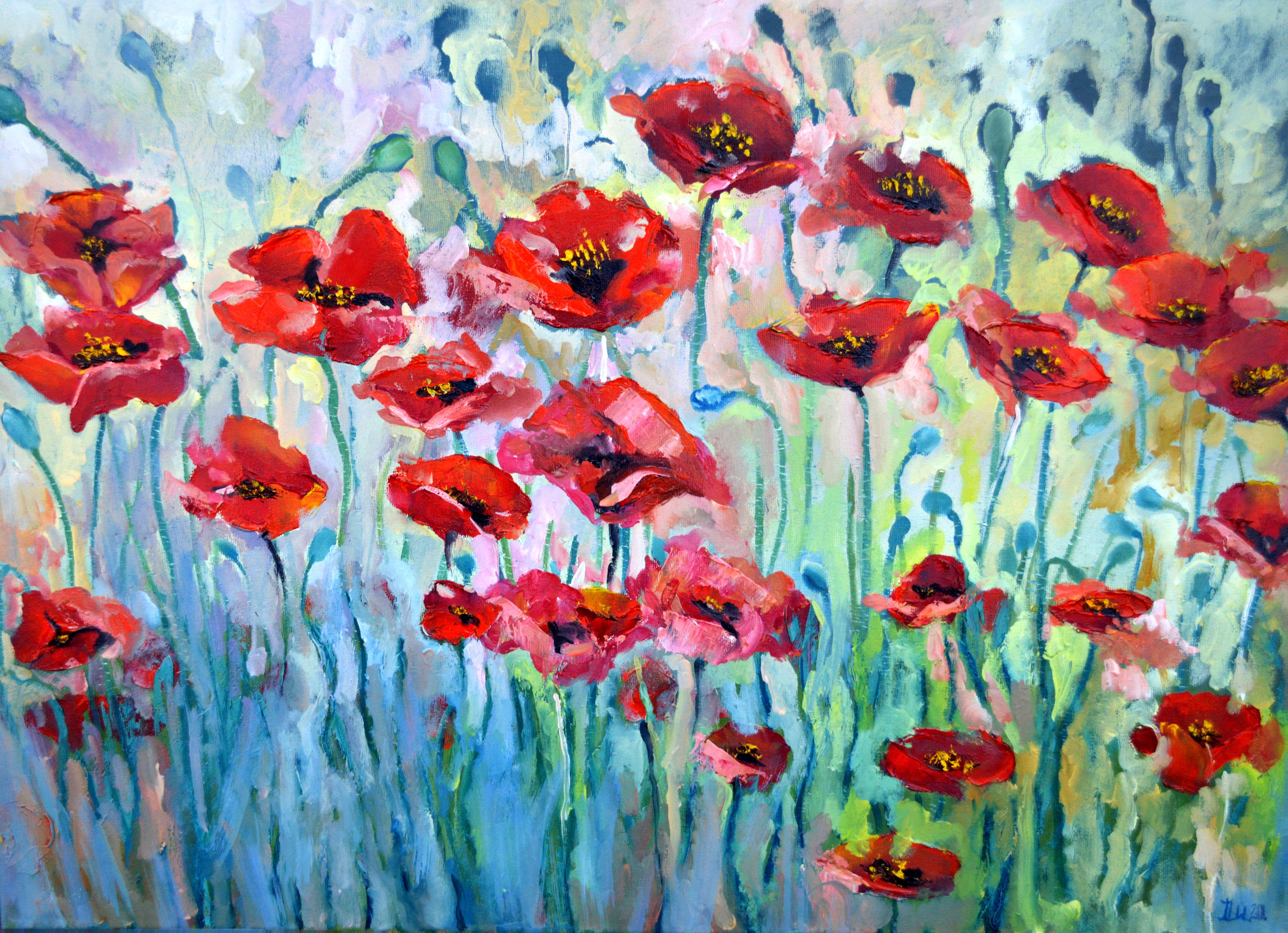 Elena Lukina Interior Painting – Scarlet Poppies 50X70 Ölgemälde