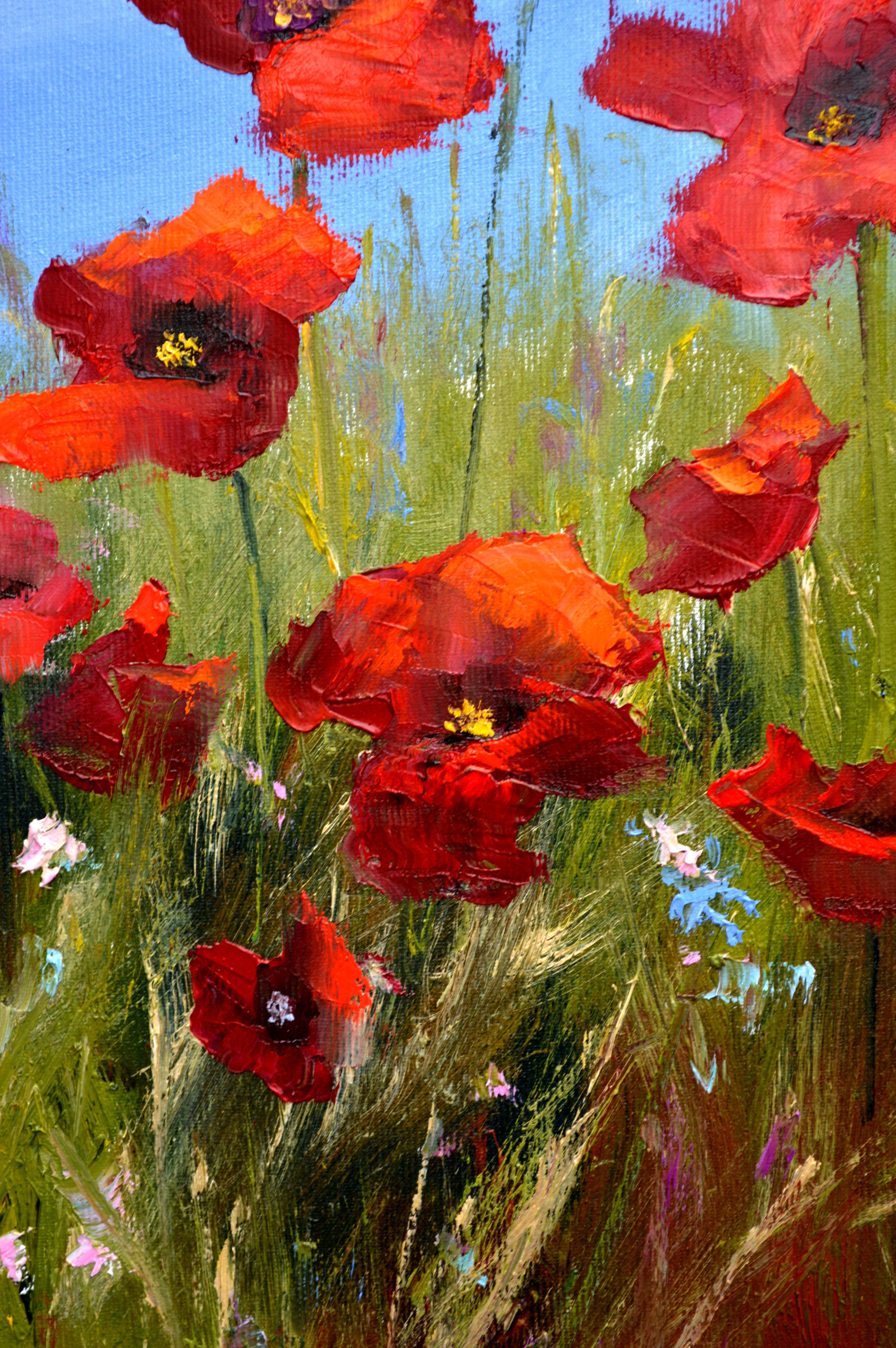 Scarlet poppies 55X40 oil. Canvas Italy by Caravaggio - Painting by Elena Lukina