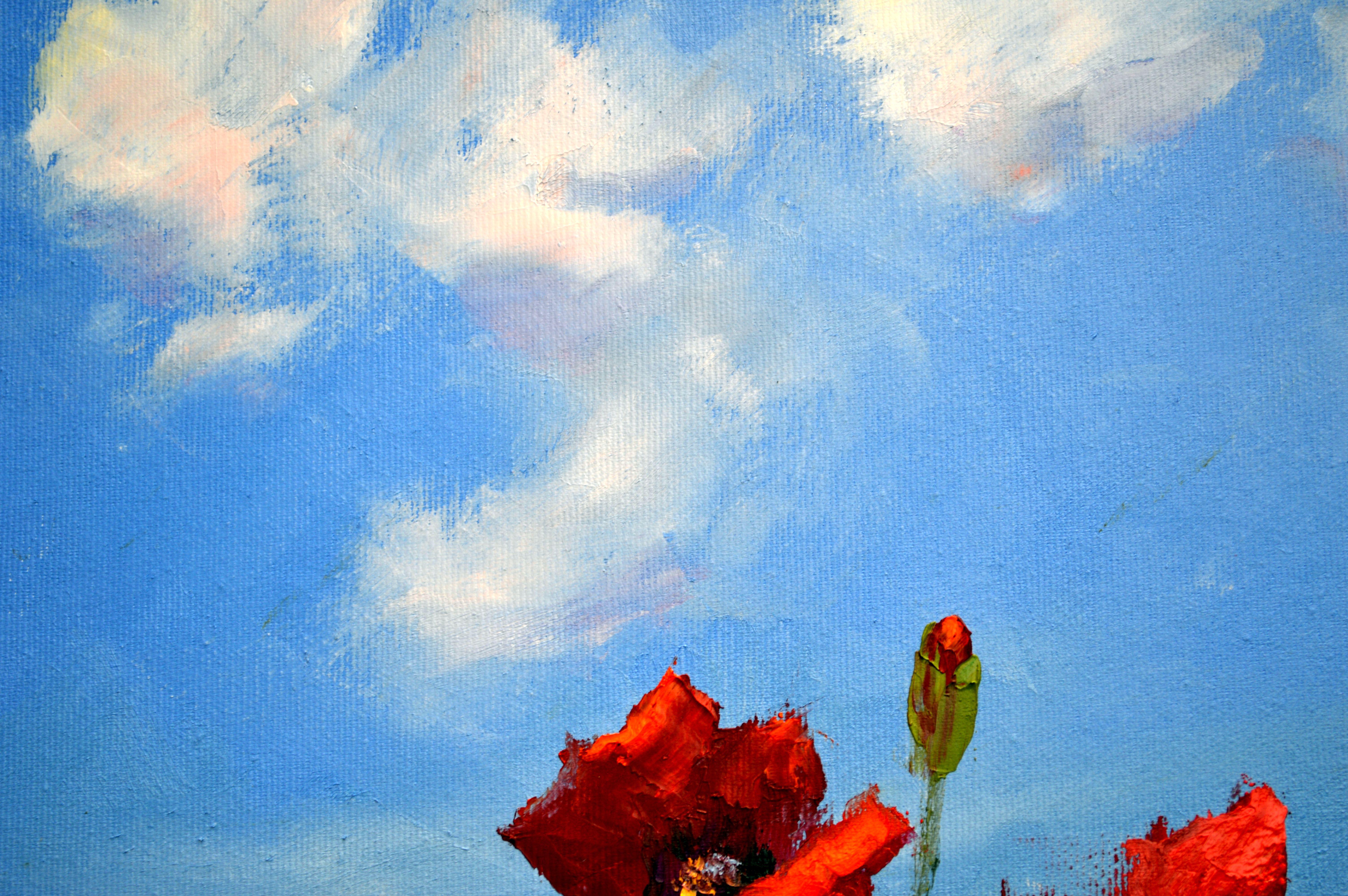 In this oil painting, I've poured my soul into capturing the vivid essence of nature's beauty. The vibrant red poppies dance against a serene sky, symbolizing resilience and the fleeting nature of life. Brushstrokes blend impressionism with realism,
