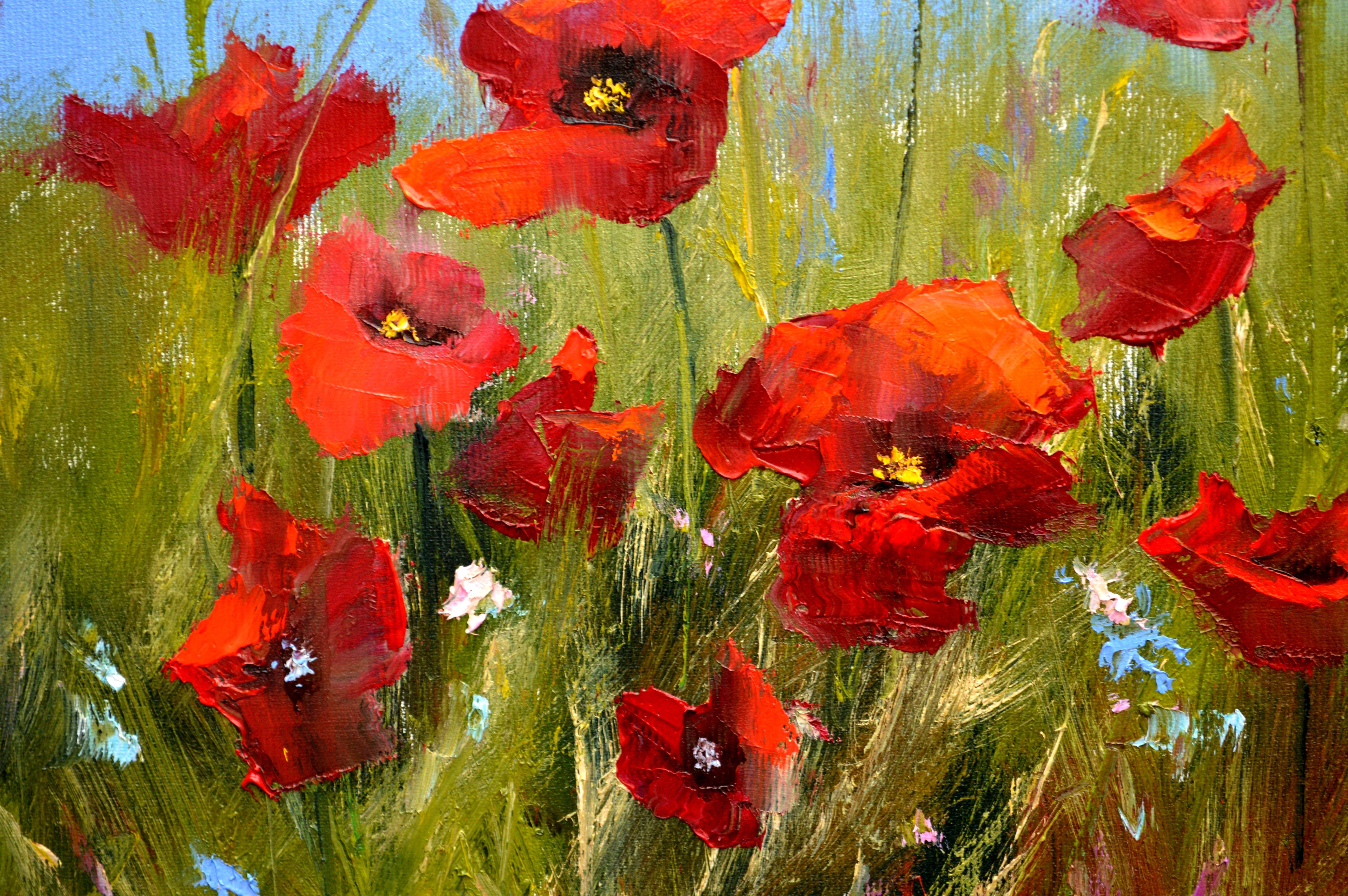 Scarlet poppies 55X40 oil. Canvas Italy by Caravaggio For Sale 2