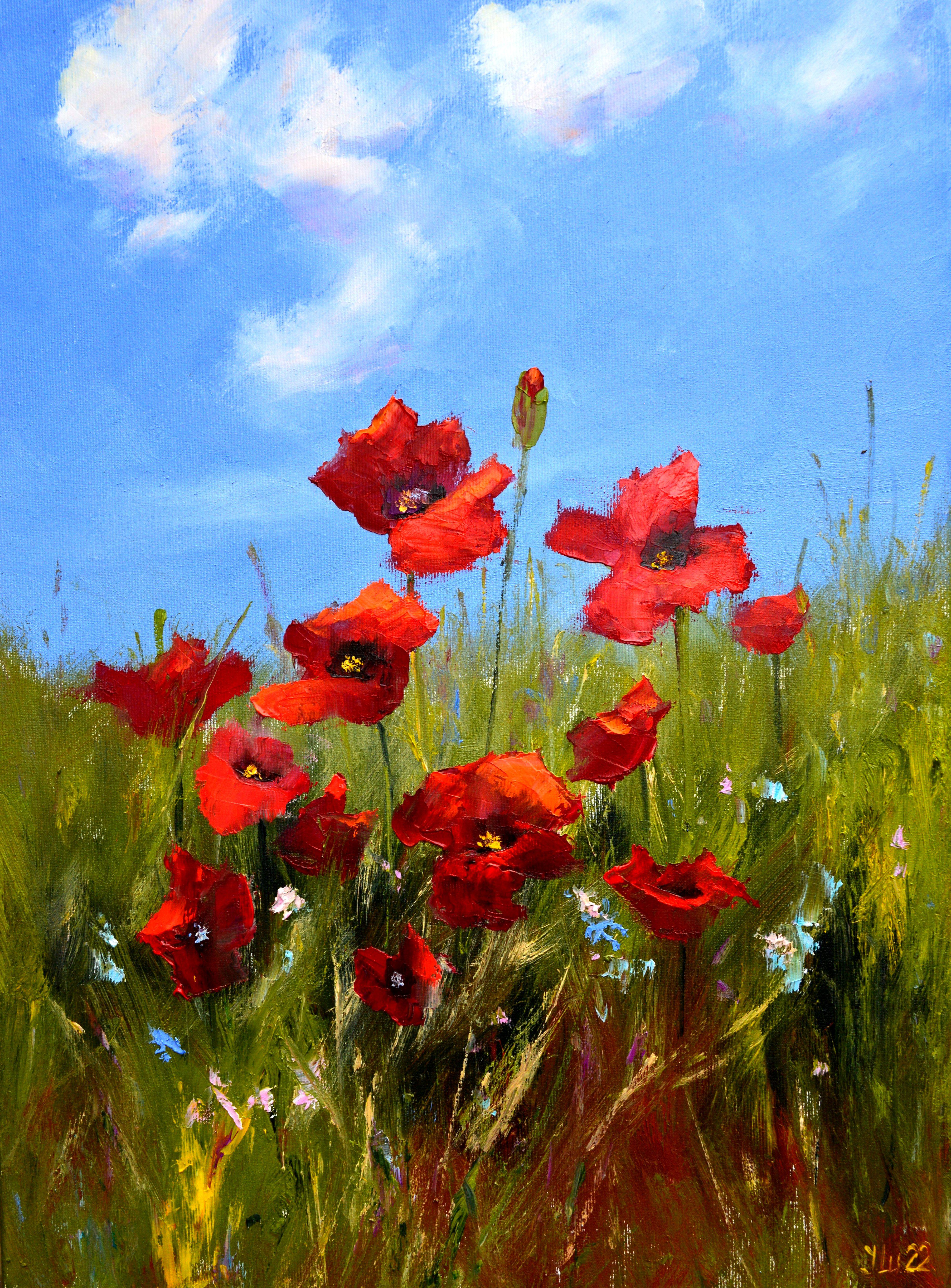 Scarlet poppies 55X40 oil. Canvas Italy by Caravaggio