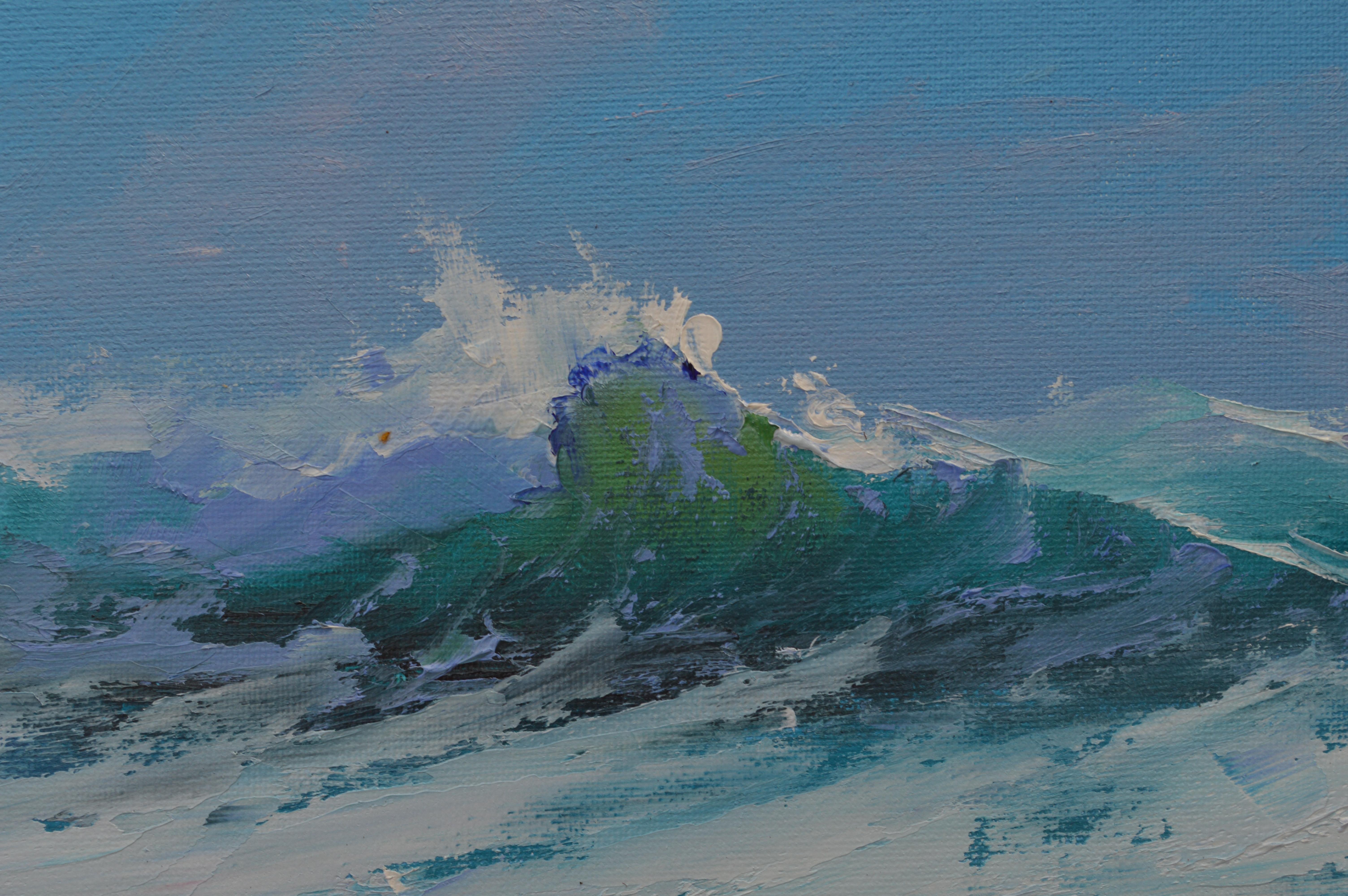 Al crear este óleo, me sumergí en la fuerza ilimitada y el caos sereno del mar. Mediante pinceladas dinámicas y azules y verdes vibrantes, intenté captar el choque elemental entre las olas y la roca, una metáfora de la resistencia en medio de los