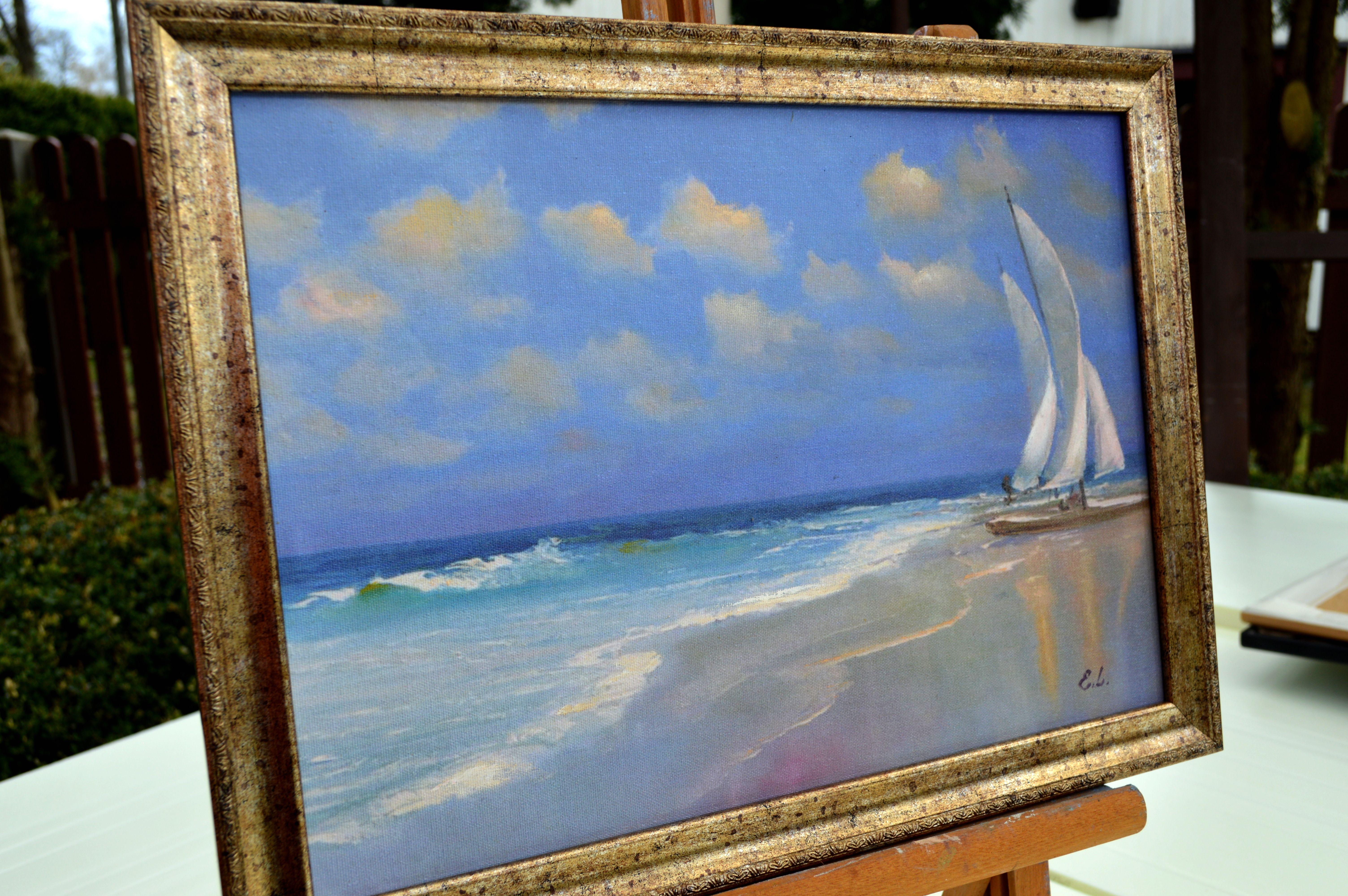 Sea. Sailboat. - Gray Landscape Painting by Elena Lukina