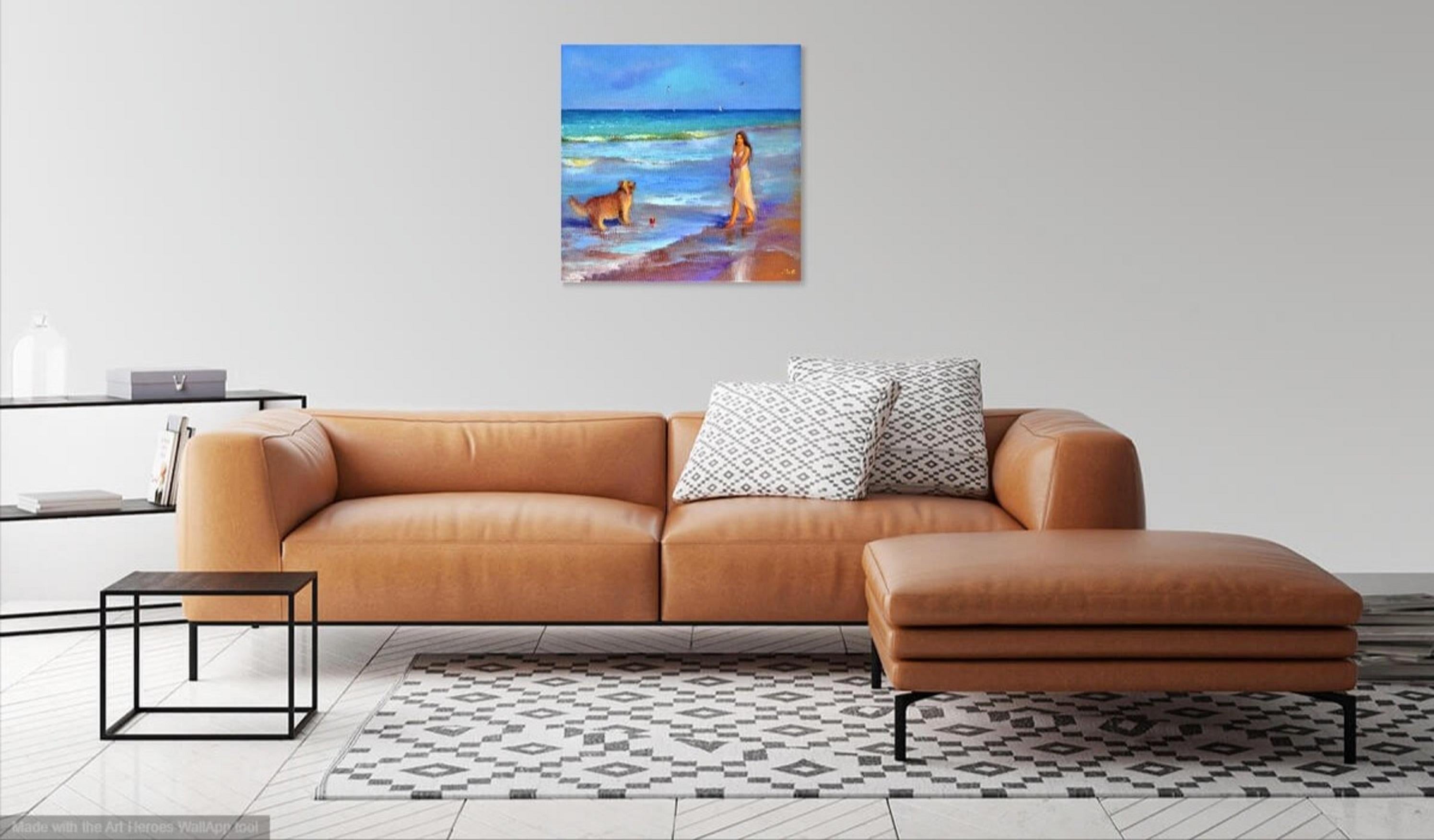 Juego junto al mar - Figurative Painting Azul de Elena Lukina