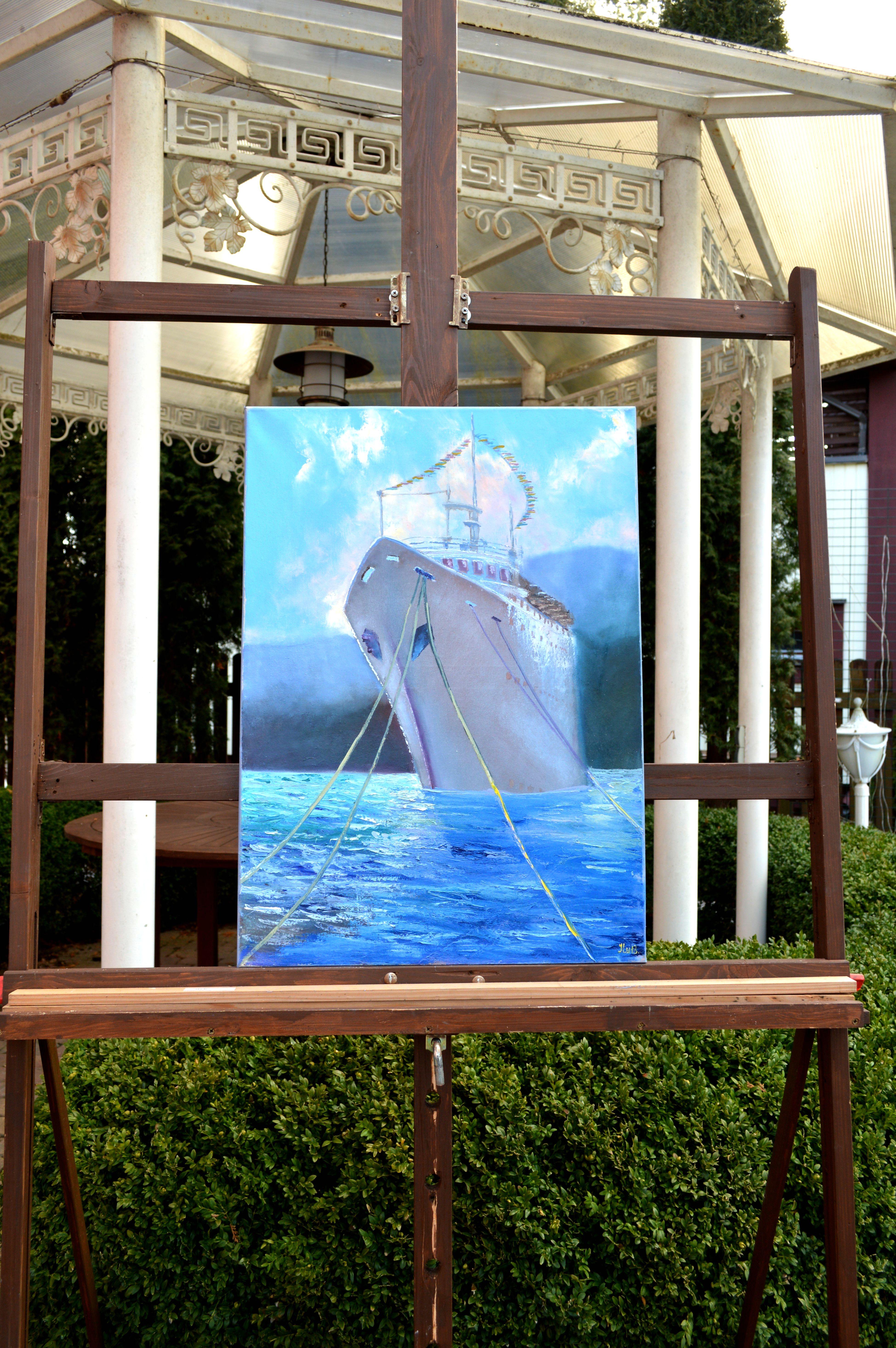 Dans cette peinture à l'huile, j'ai canalisé la vitalité de la mer et la grâce stoïque d'un navire à l'arrêt. En utilisant une touche expressive, je mélange le réalisme avec un flair impressionniste, capturant le jeu de la lumière sur l'eau et le