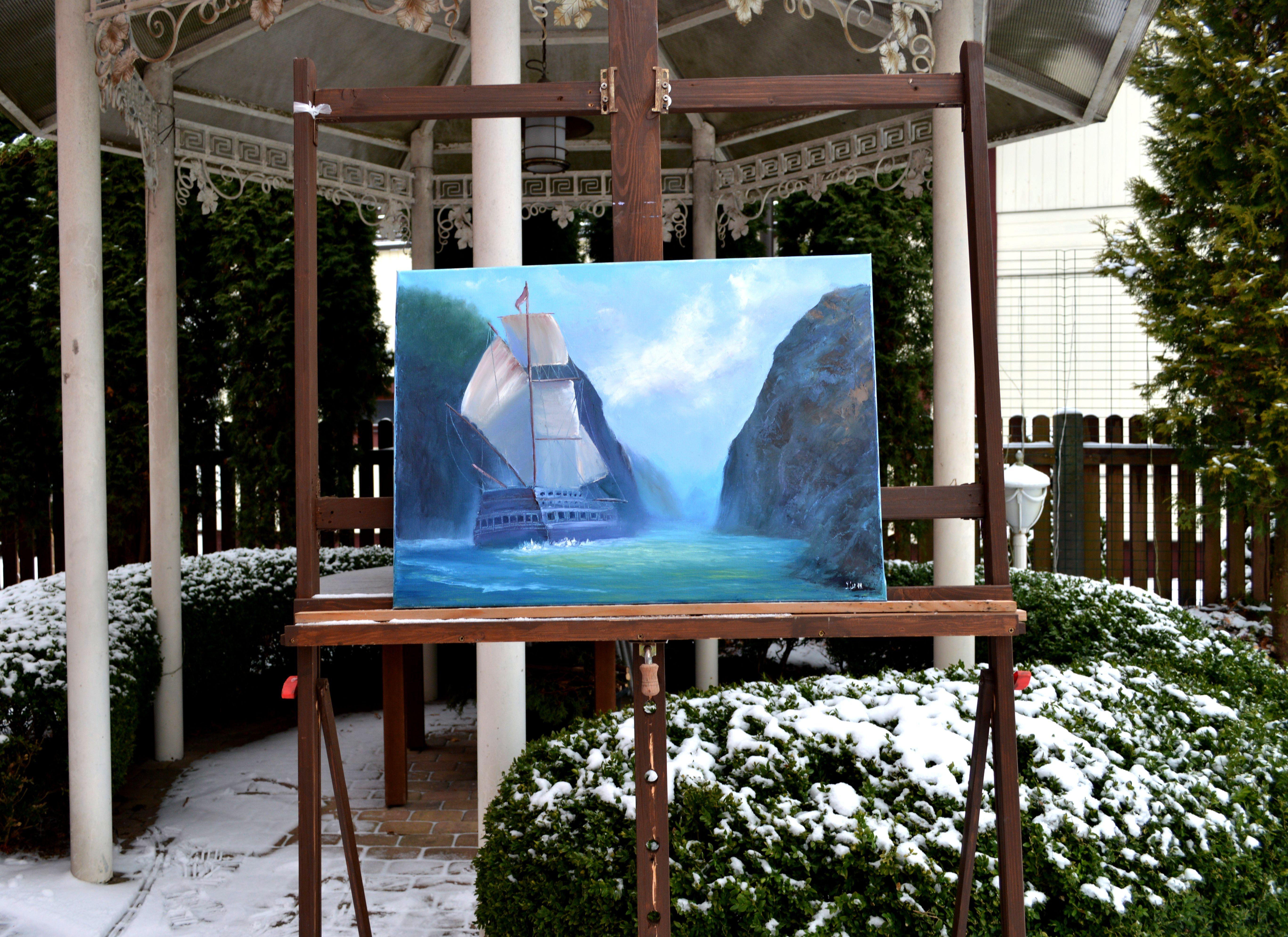 Schiff in der Bucht – Painting von Elena Lukina