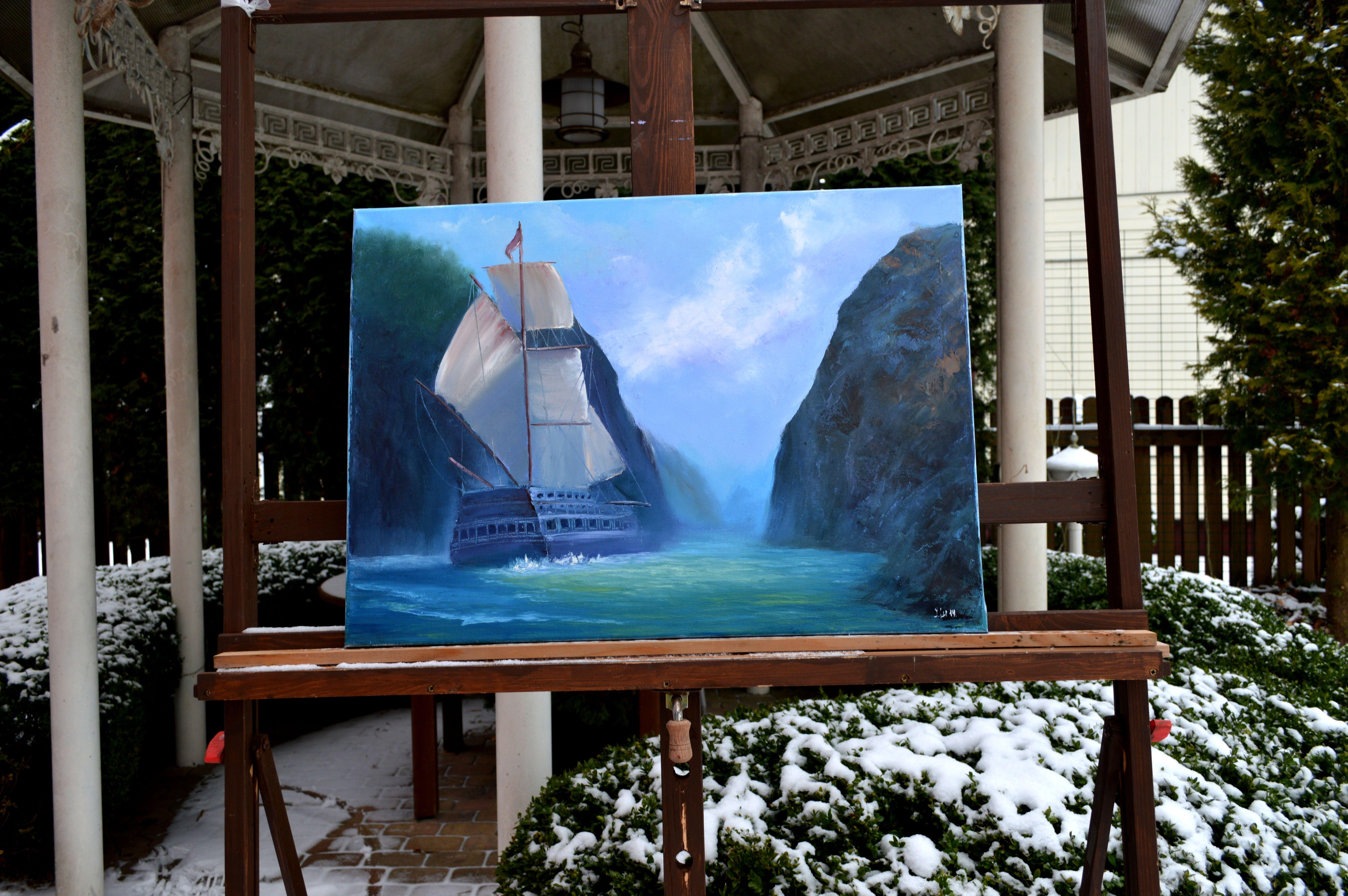 Schiff in der Bucht (Expressionismus), Painting, von Elena Lukina
