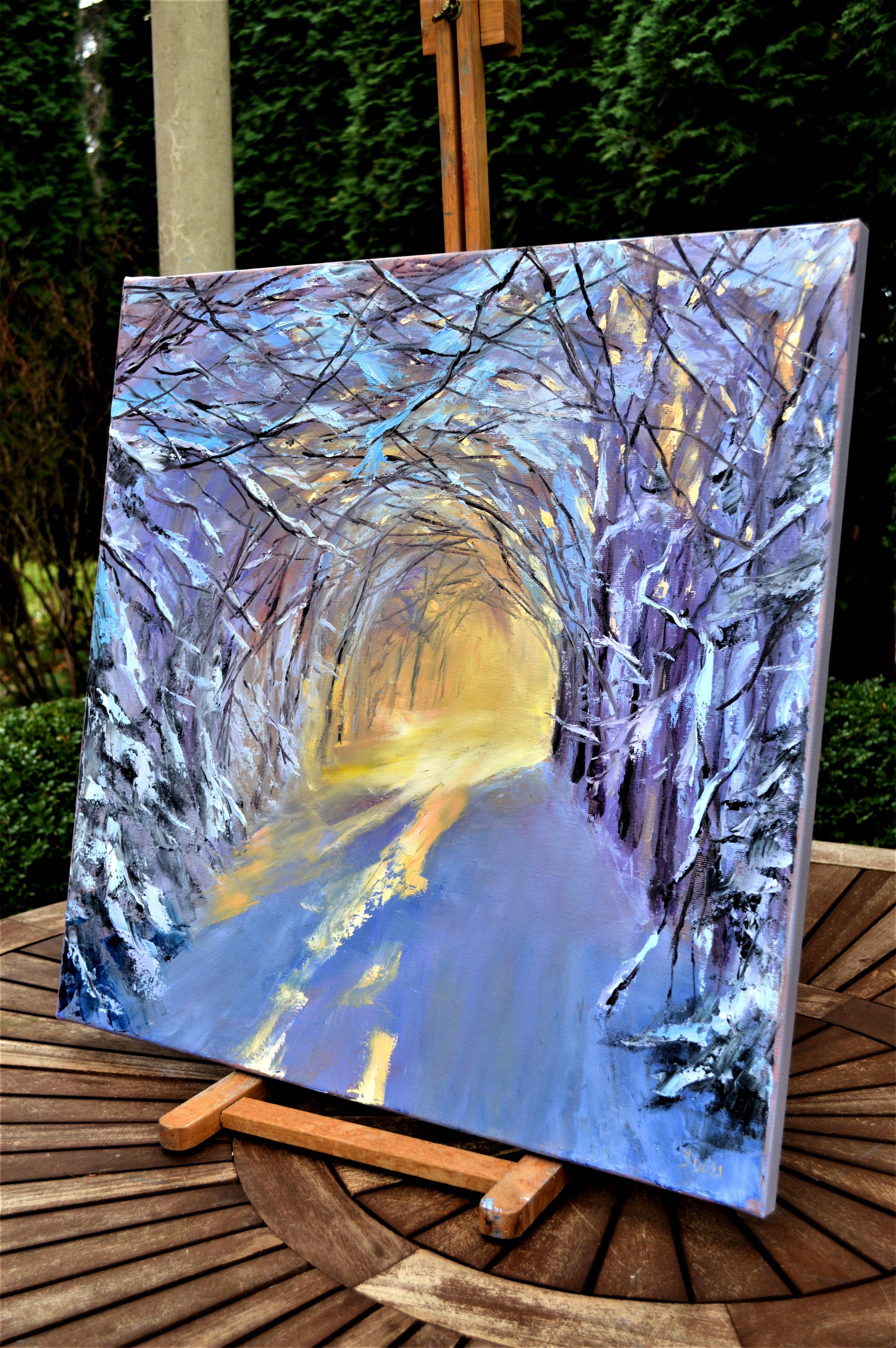 In this painting, I poured my heart into capturing the serene embrace of winter. The play of light against the snow-clad trees creates a captivating dance of colors and shadows, inviting the viewer on a tranquil journey through this still alley.
