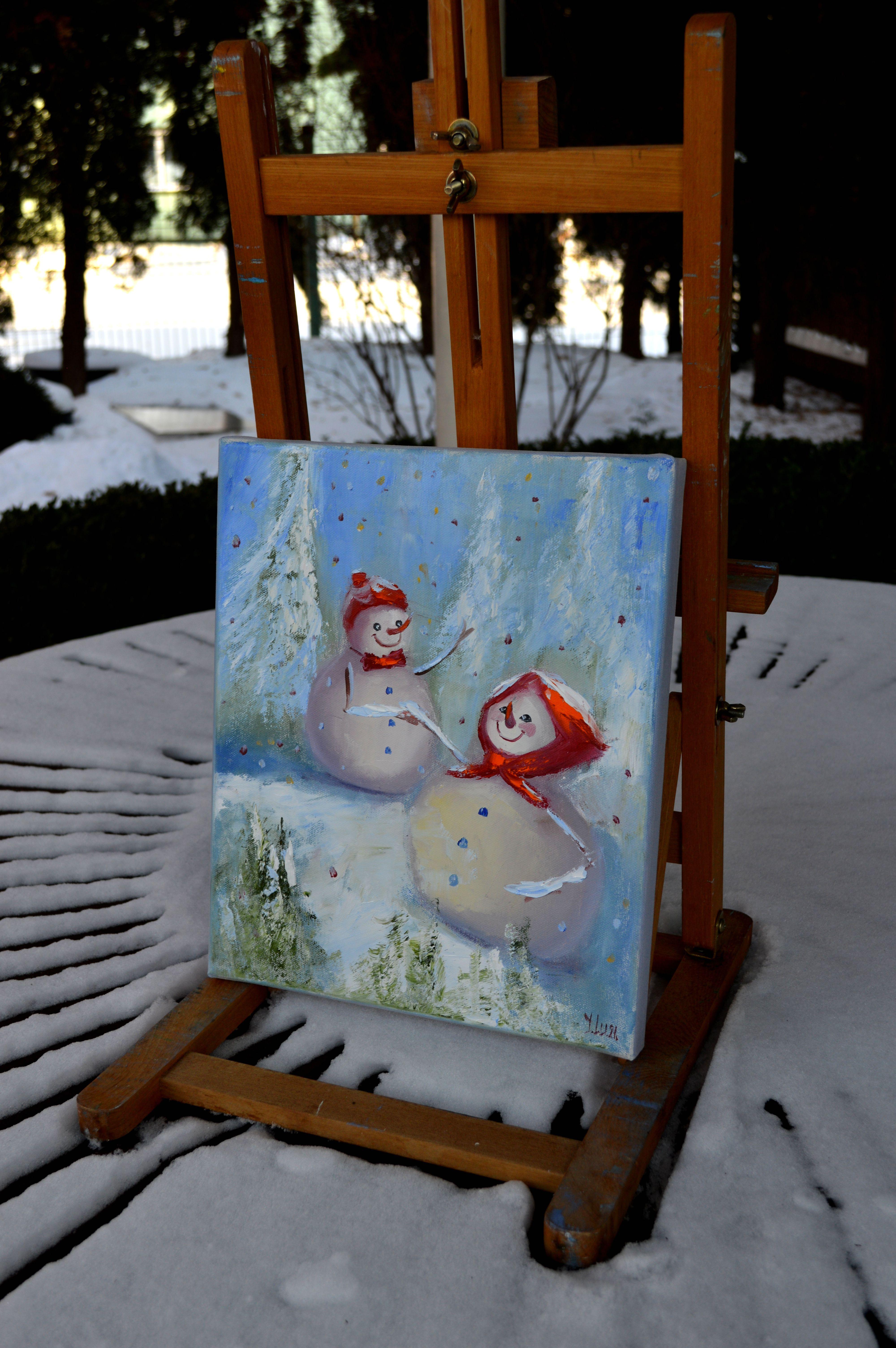 In questo pezzo ho riversato il mio amore per la stravagante danza dell'inverno. Utilizzando una pennellata espressiva, ho materializzato due figure gioiose su un arazzo di blu gelido e di bianco gelido, catturando l'essenza di un momento fugace e