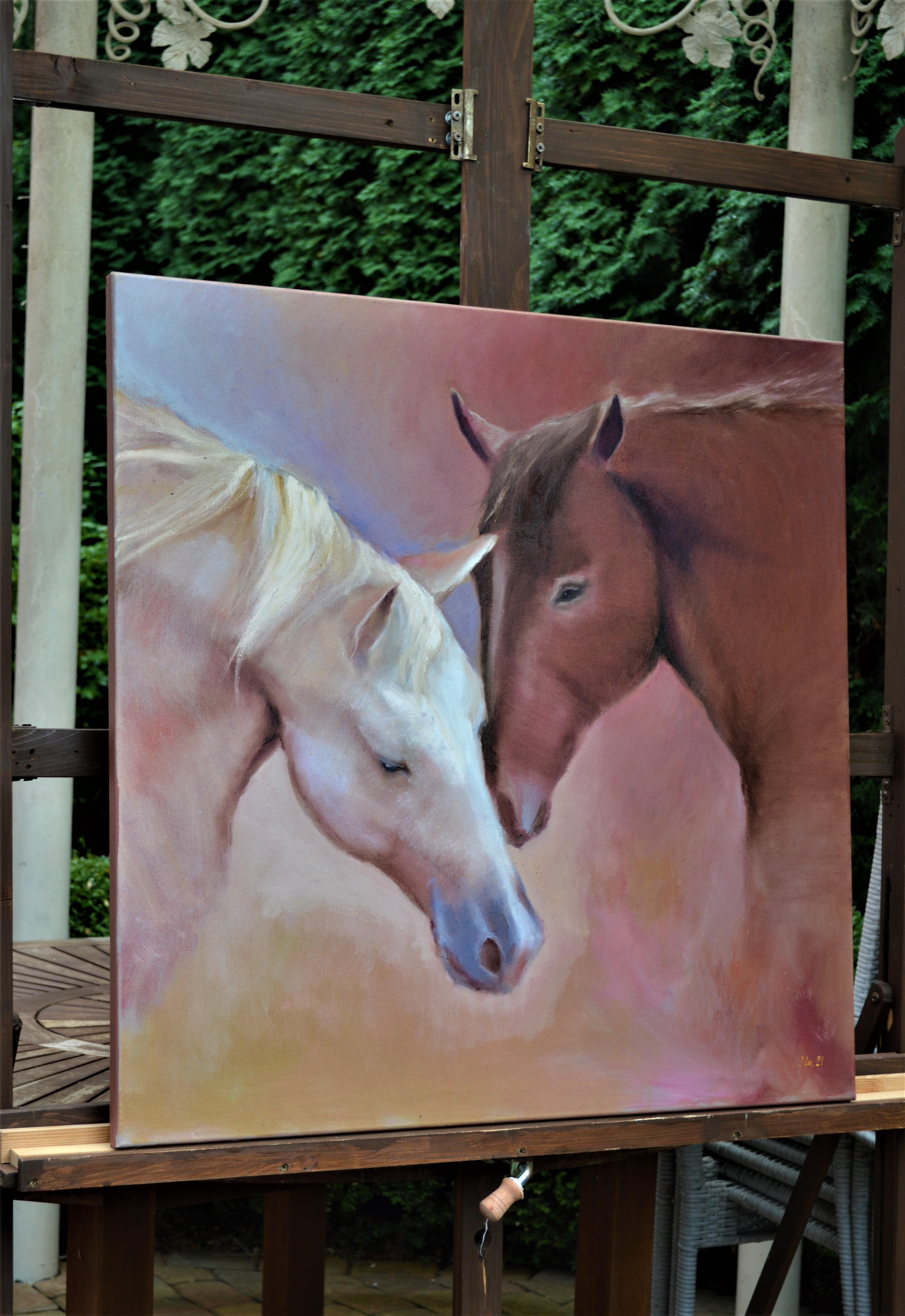 Huile blanche et rouge des têtes de neige 80X80 en vente 8