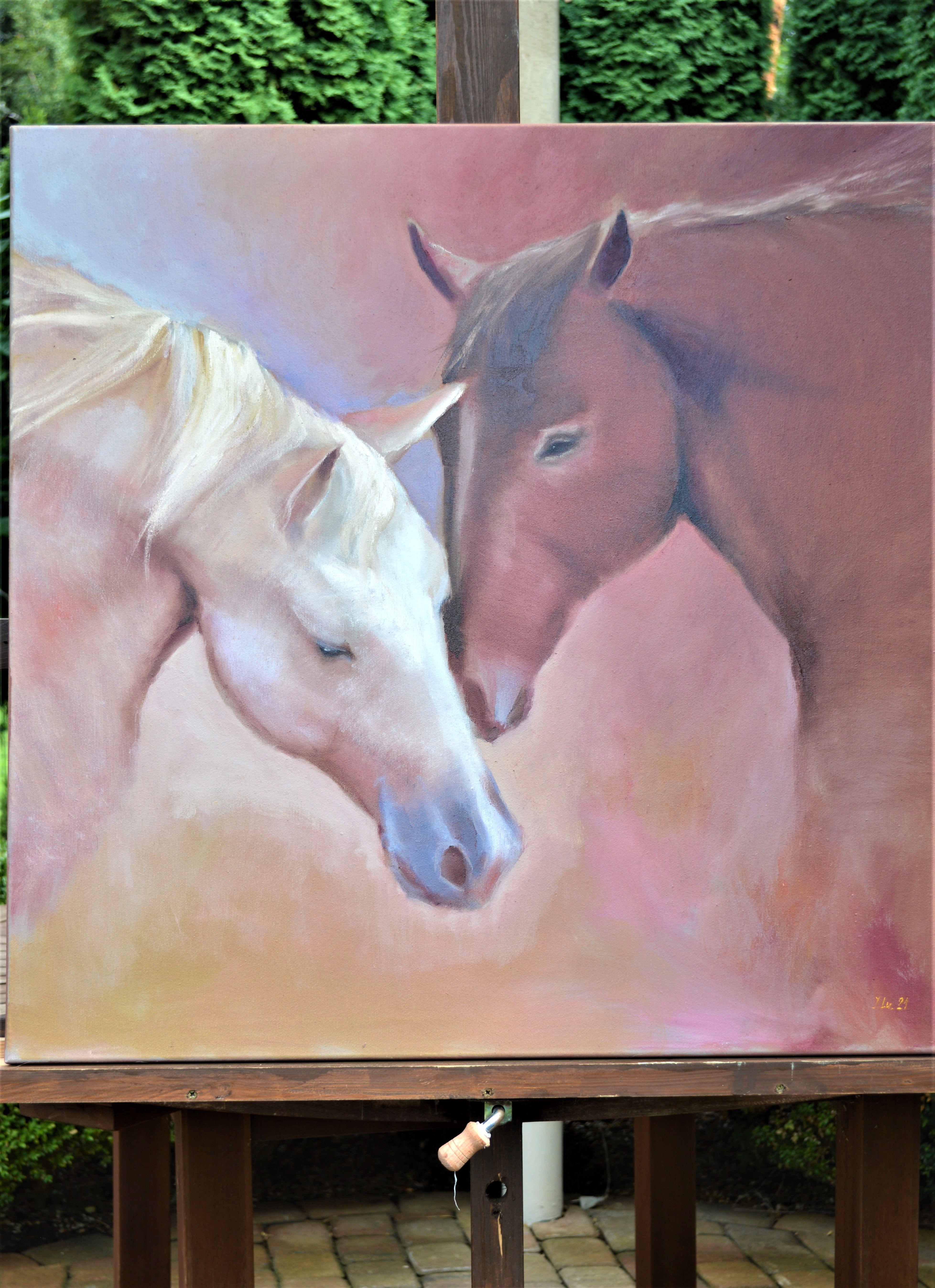Huile blanche et rouge des têtes de neige 80X80 en vente 9
