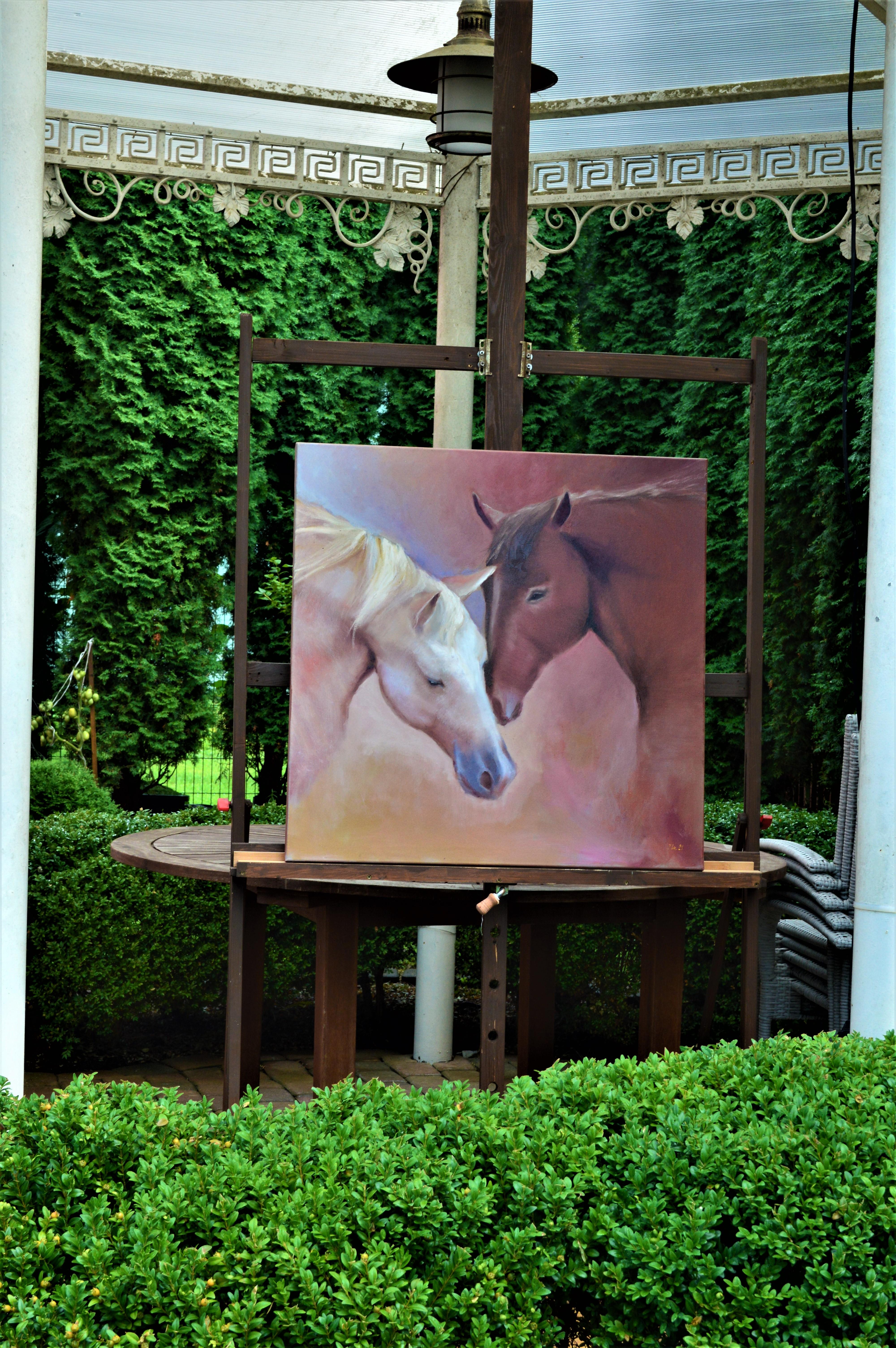 Huile blanche et rouge des têtes de neige 80X80 - Painting de Elena Lukina