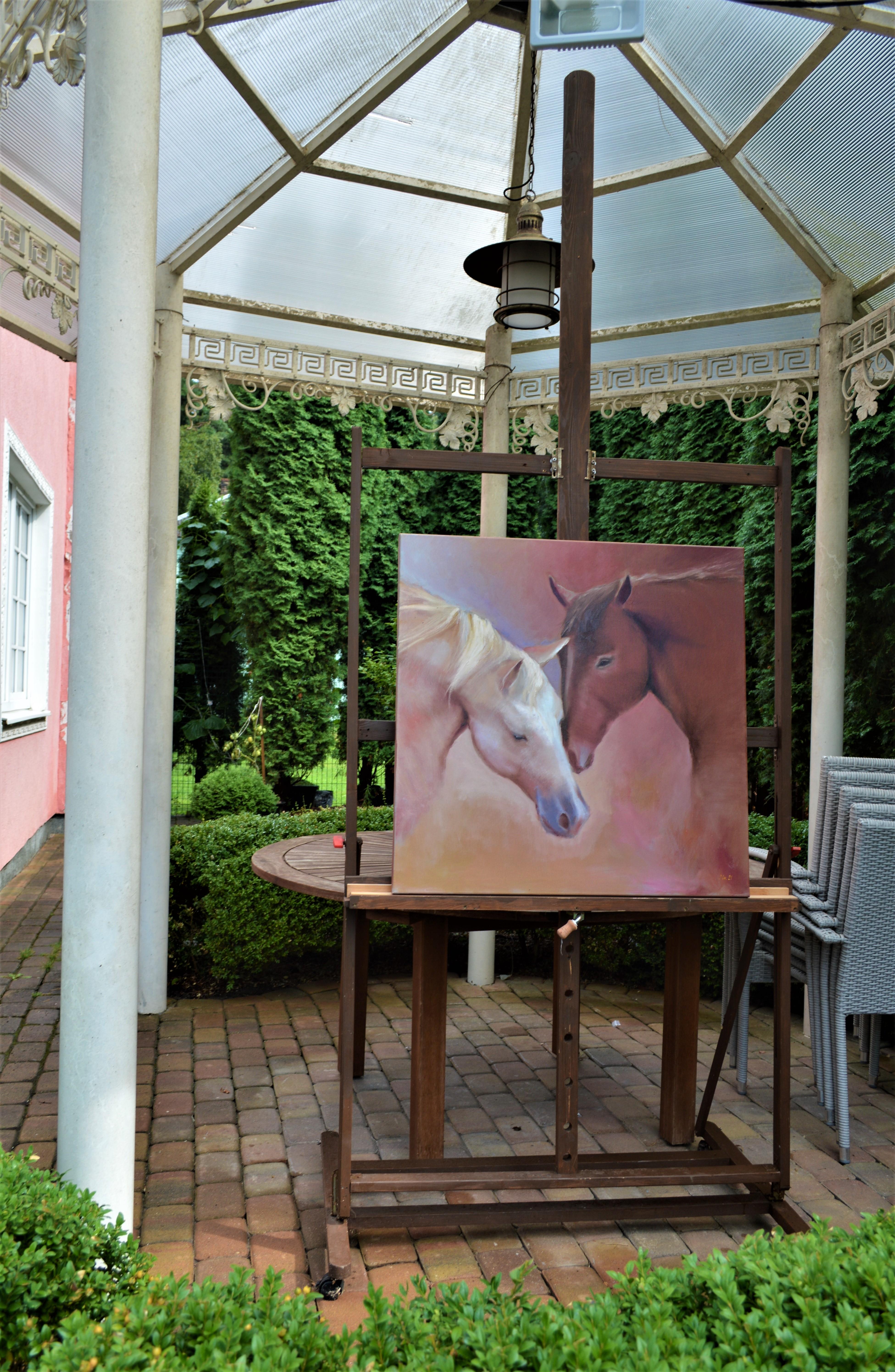 Huile blanche et rouge des têtes de neige 80X80 - Marron Animal Painting par Elena Lukina