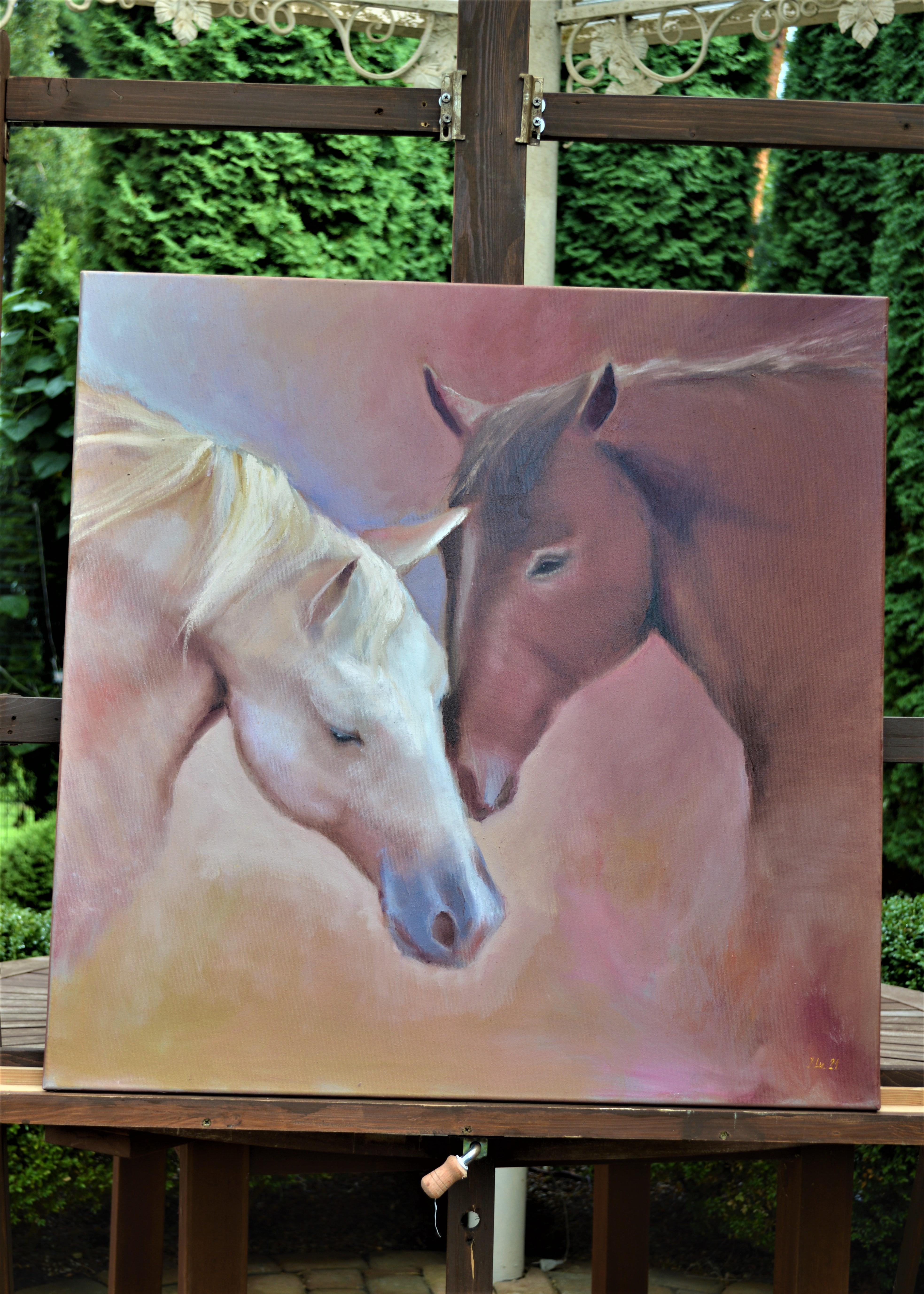 In this oil painting, I strove to capture the essence of companionship and the gentle intimacy shared between two majestic beings. The warm, soft hues and delicate brushwork express a deep sense of peace and harmony. It's a celebration of