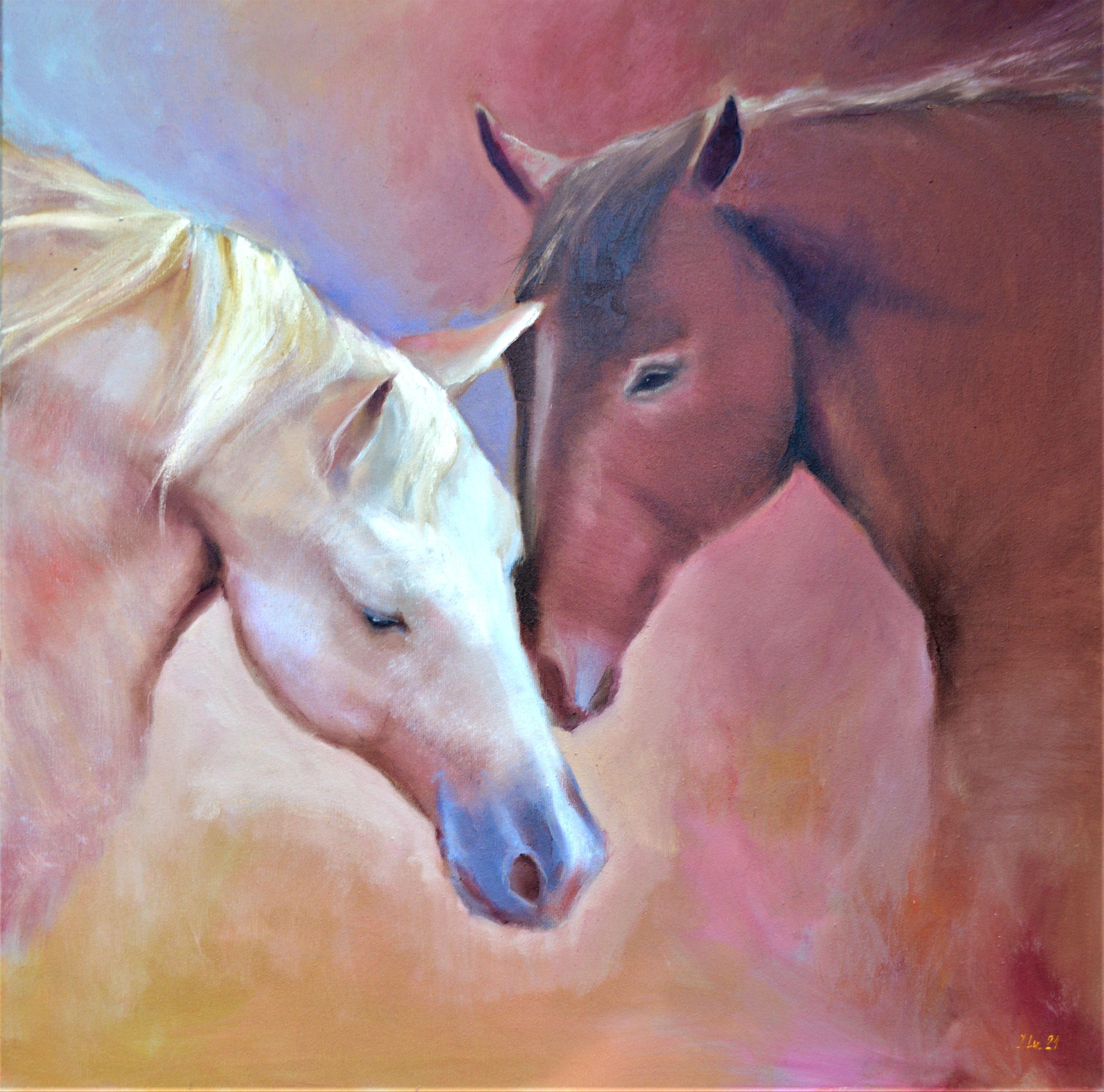 Elena Lukina Animal Painting - Snow White and Redhead 80X80 oil, Valentine’s Day gifts art