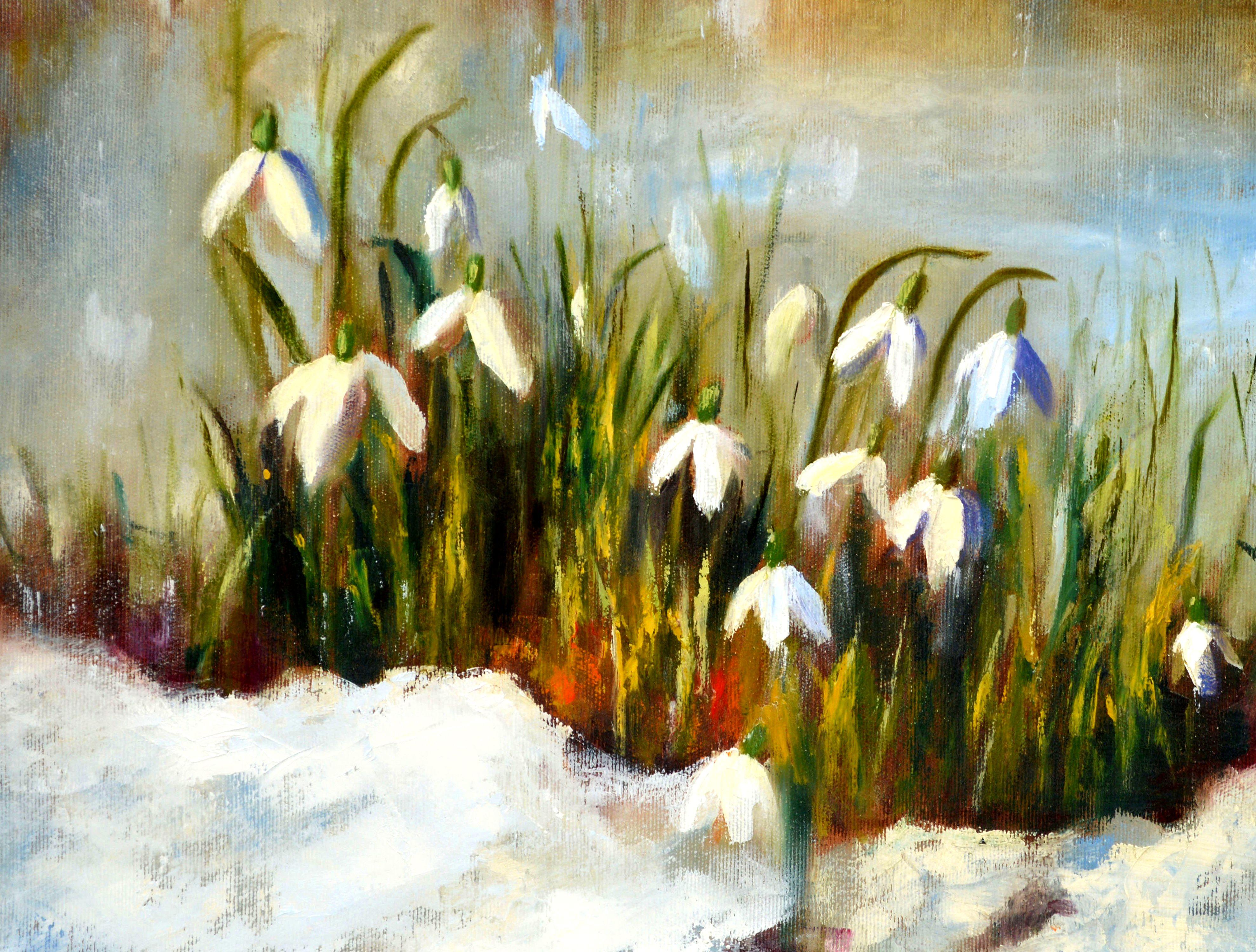 WINTER SALE! Snowdrops 40X50 oil painting - Painting by Elena Lukina