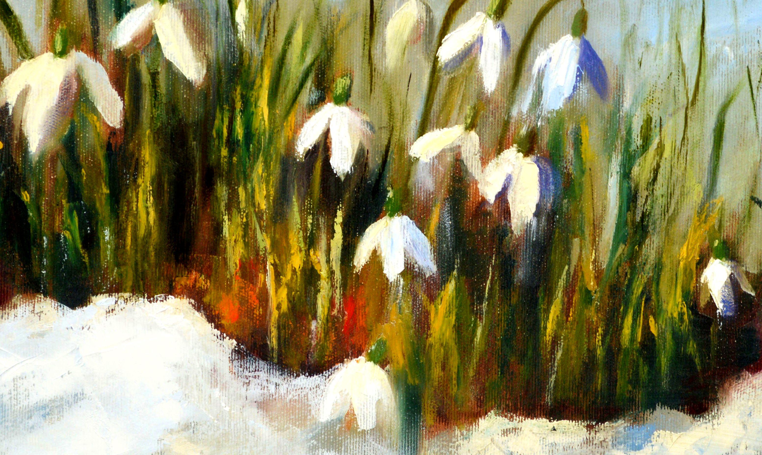 WINTER SALE! Snowdrops 40X50 oil painting - Expressionist Painting by Elena Lukina