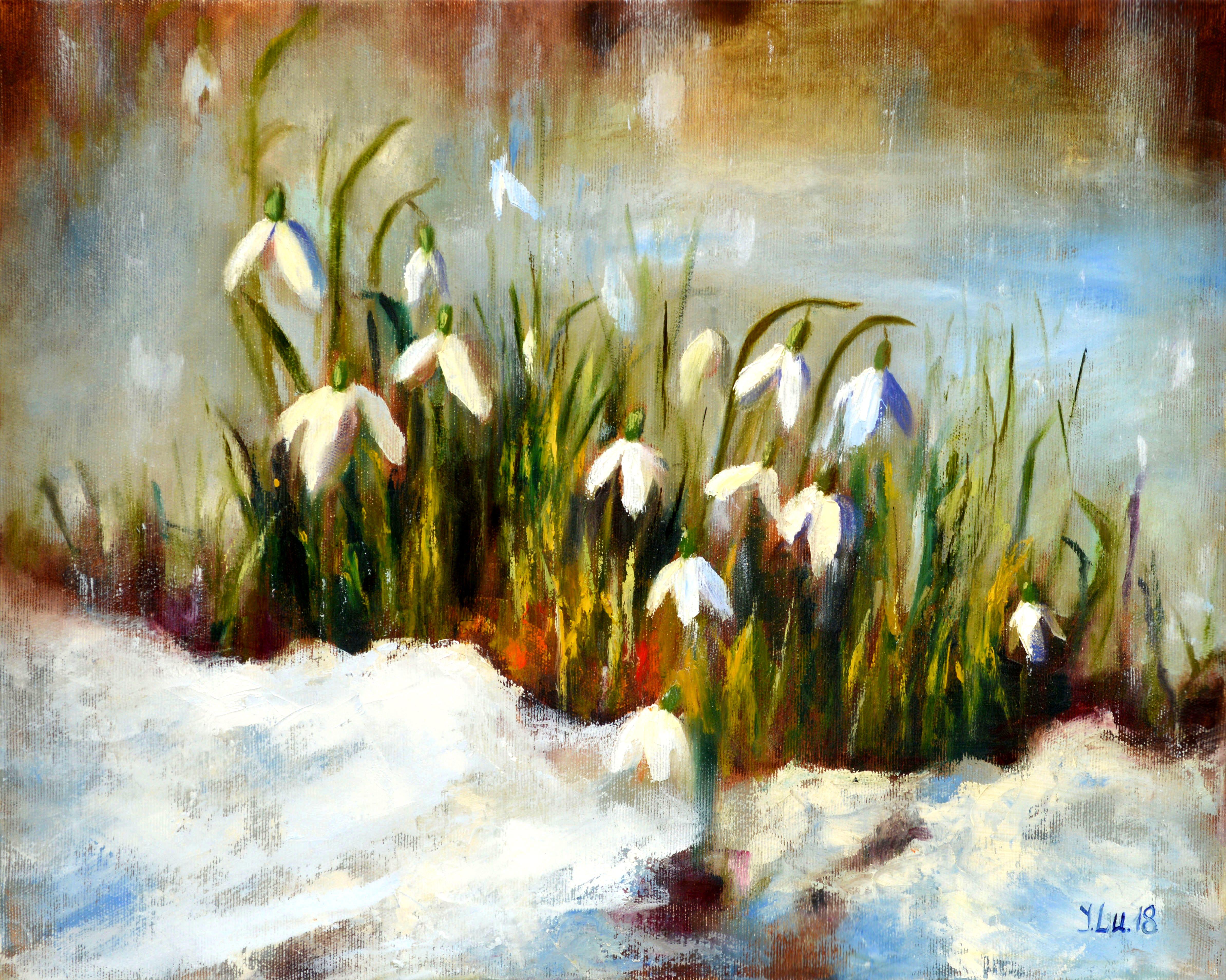 Elena Lukina Landscape Painting - WINTER SALE! Snowdrops 40X50 oil painting