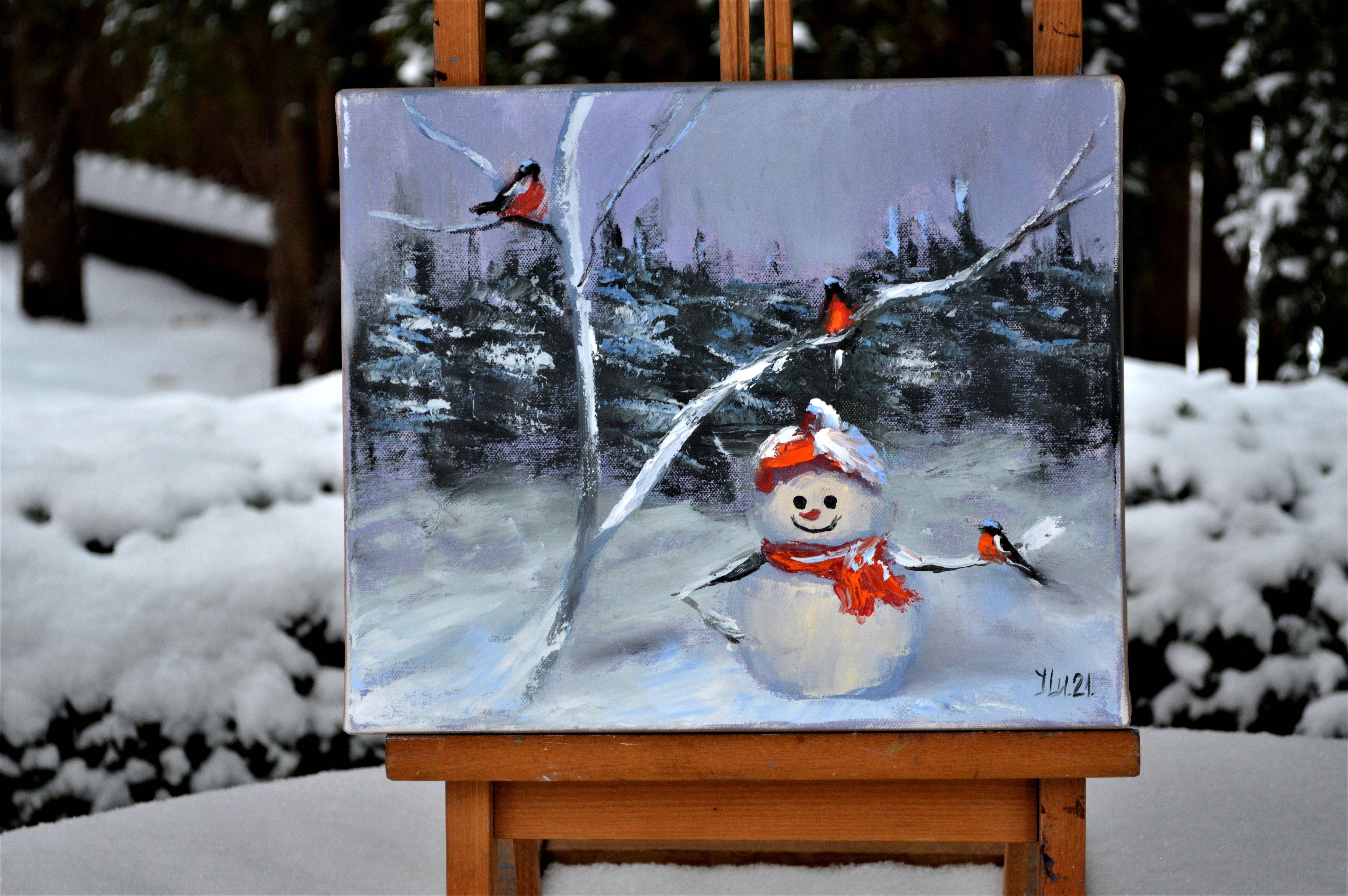 Muñeco de nieve y camachuelos - Painting Expresionista de Elena Lukina