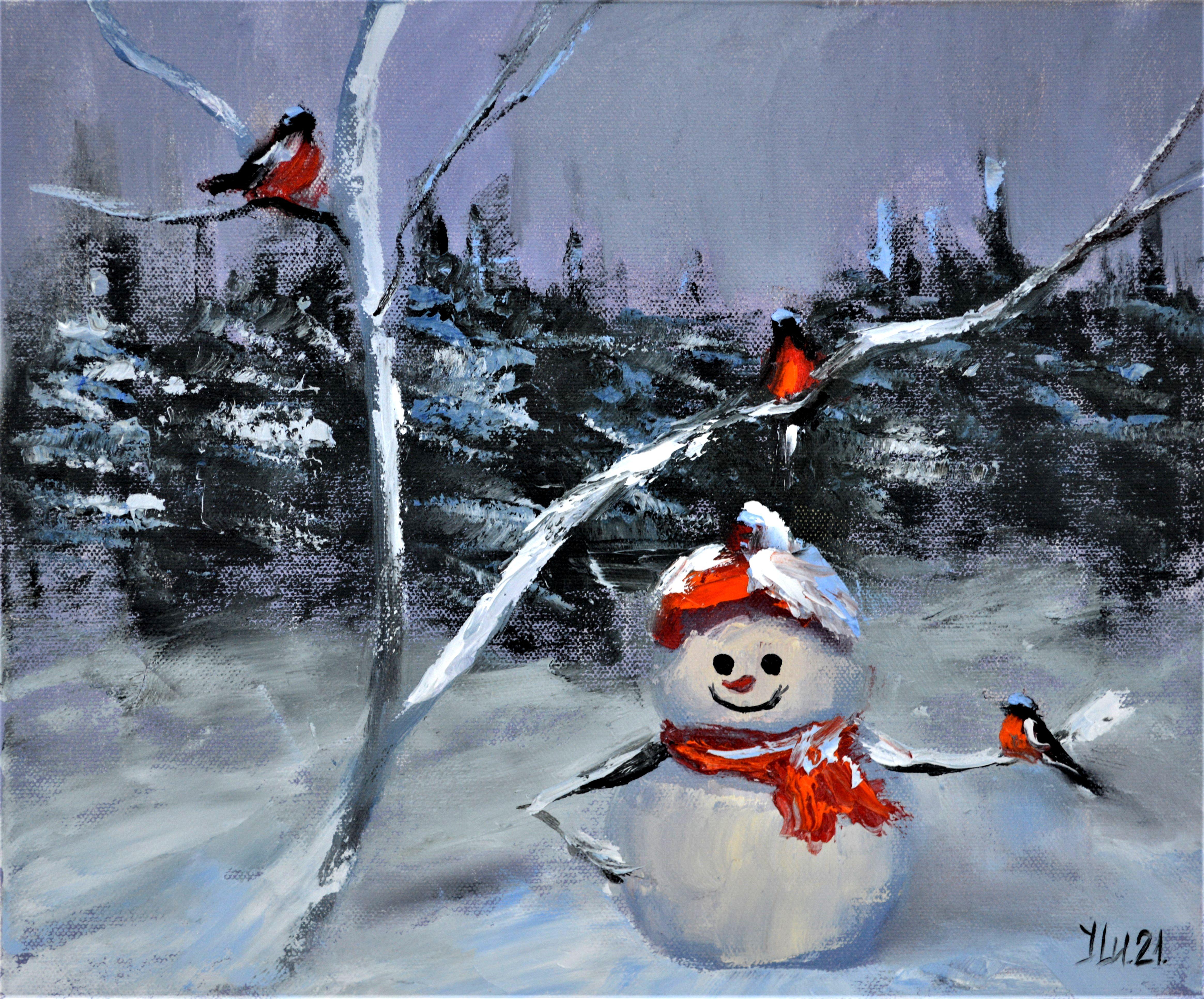 Elena Lukina Landscape Painting - Snowman and bullfinches