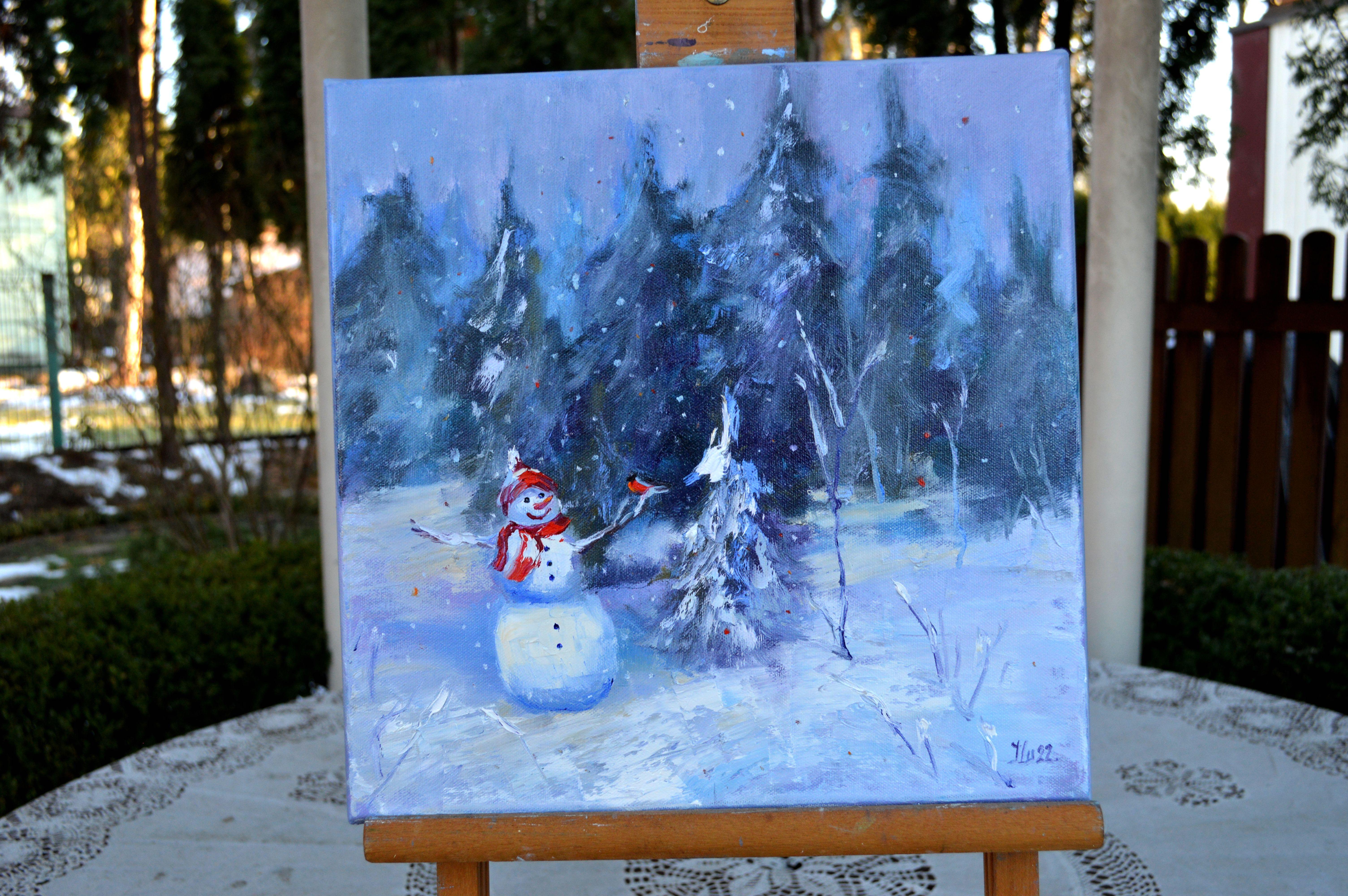 Snowman and Christmas trees - Painting by Elena Lukina