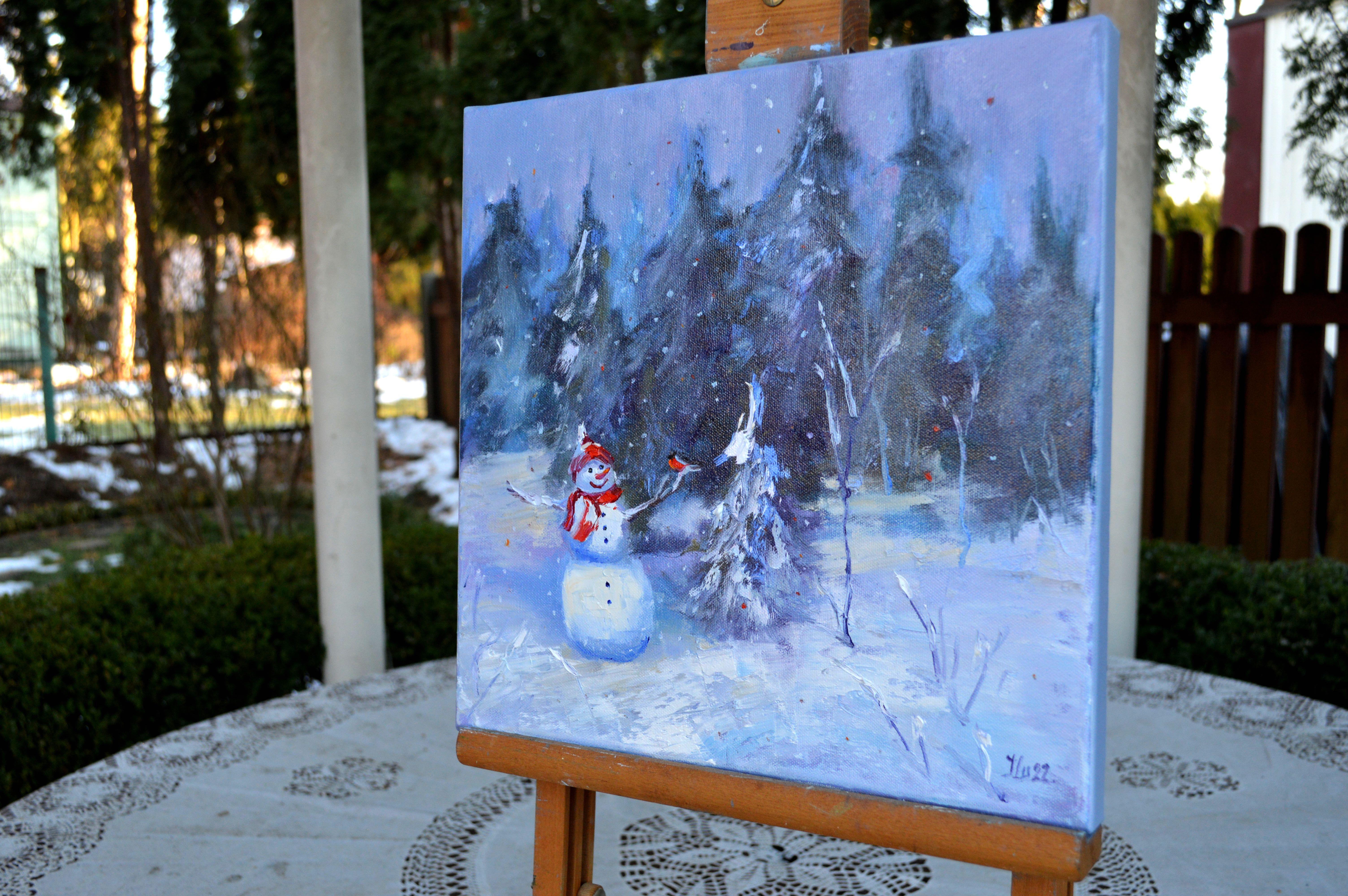 Snowman and Christmas trees - Expressionist Painting by Elena Lukina
