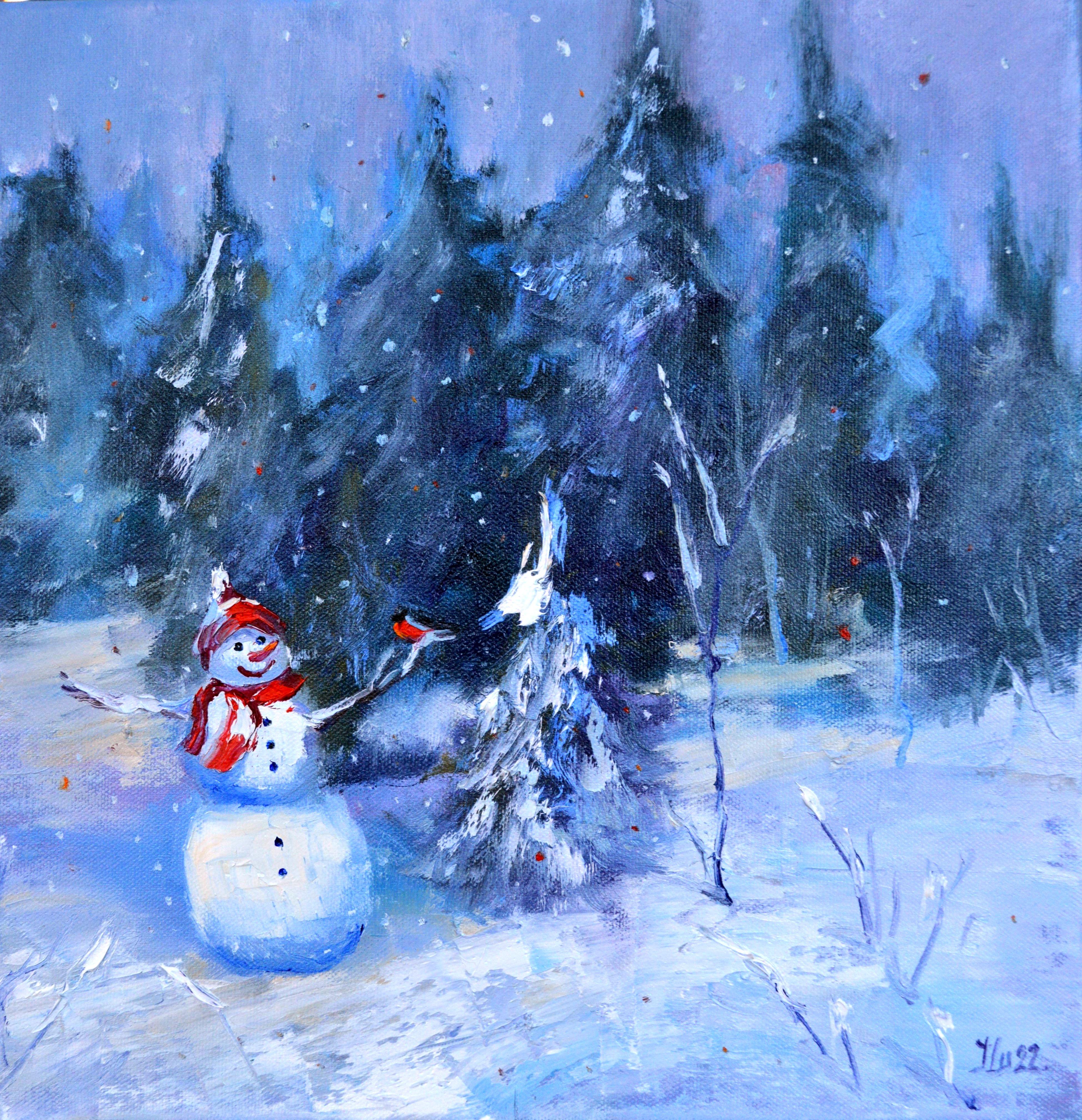 Elena Lukina Landscape Painting - Snowman and Christmas trees