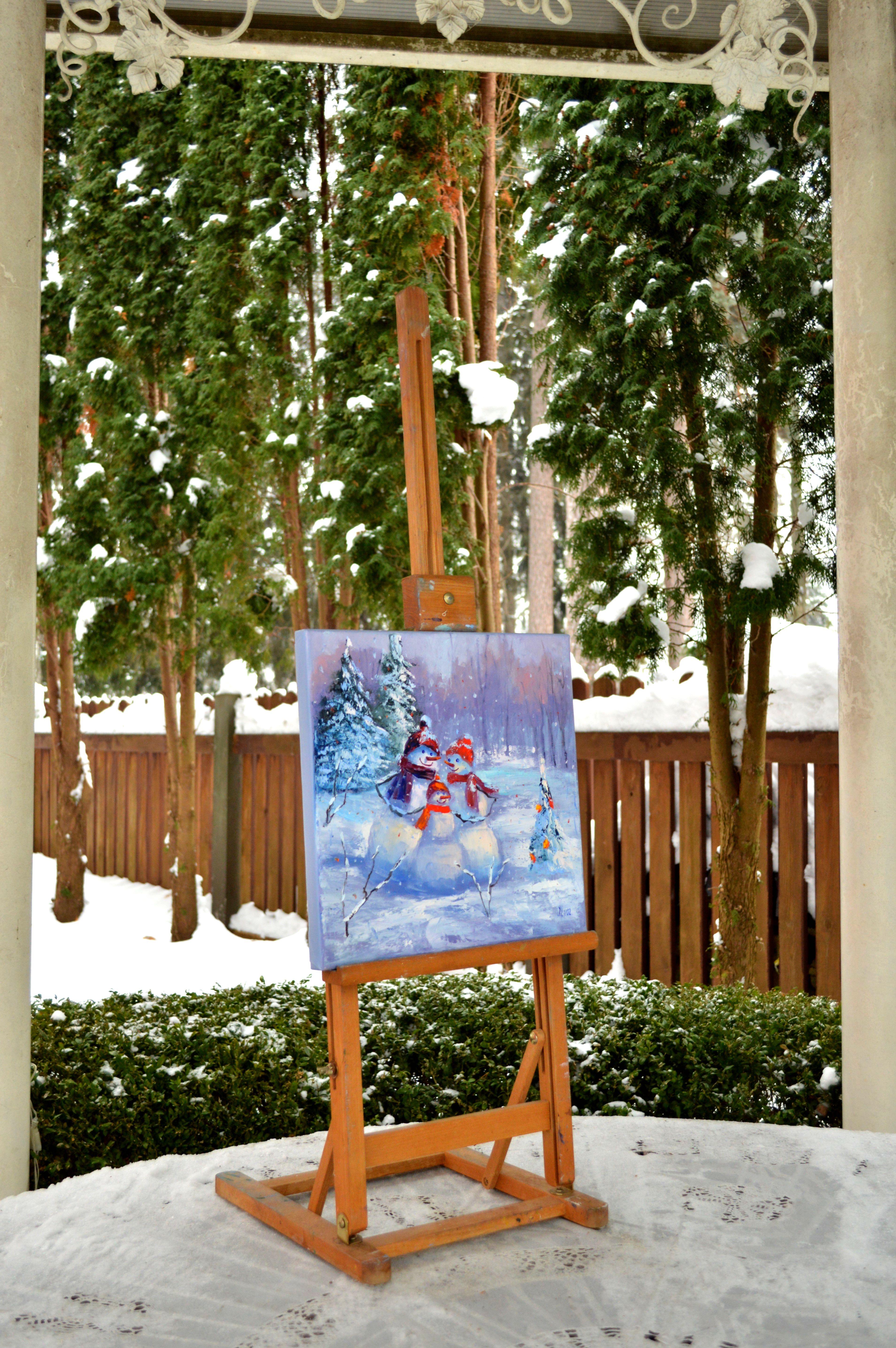 Famille de bonhommes de neige - Expressionniste Painting par Elena Lukina