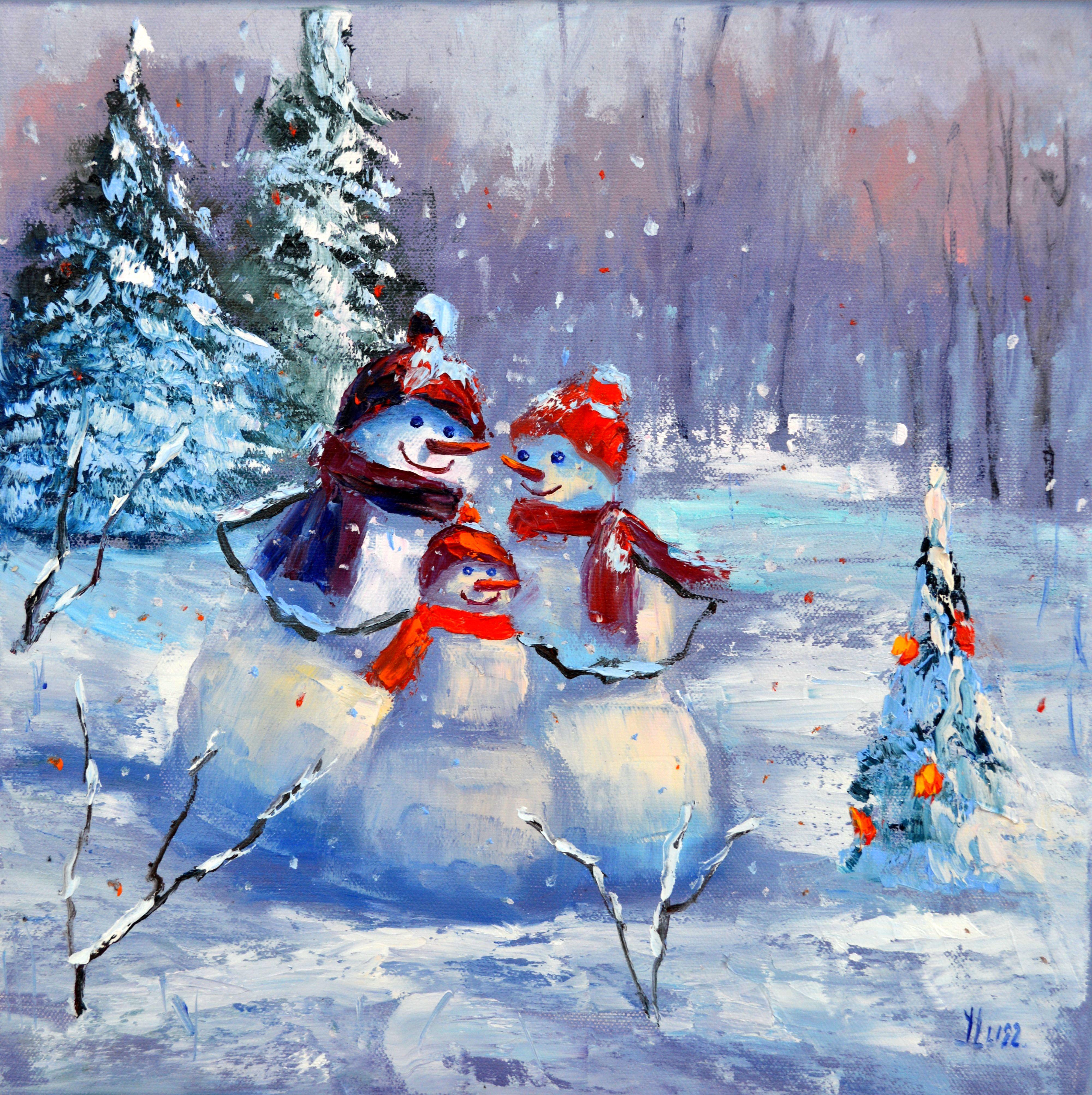Elena Lukina Figurative Painting - Snowman family