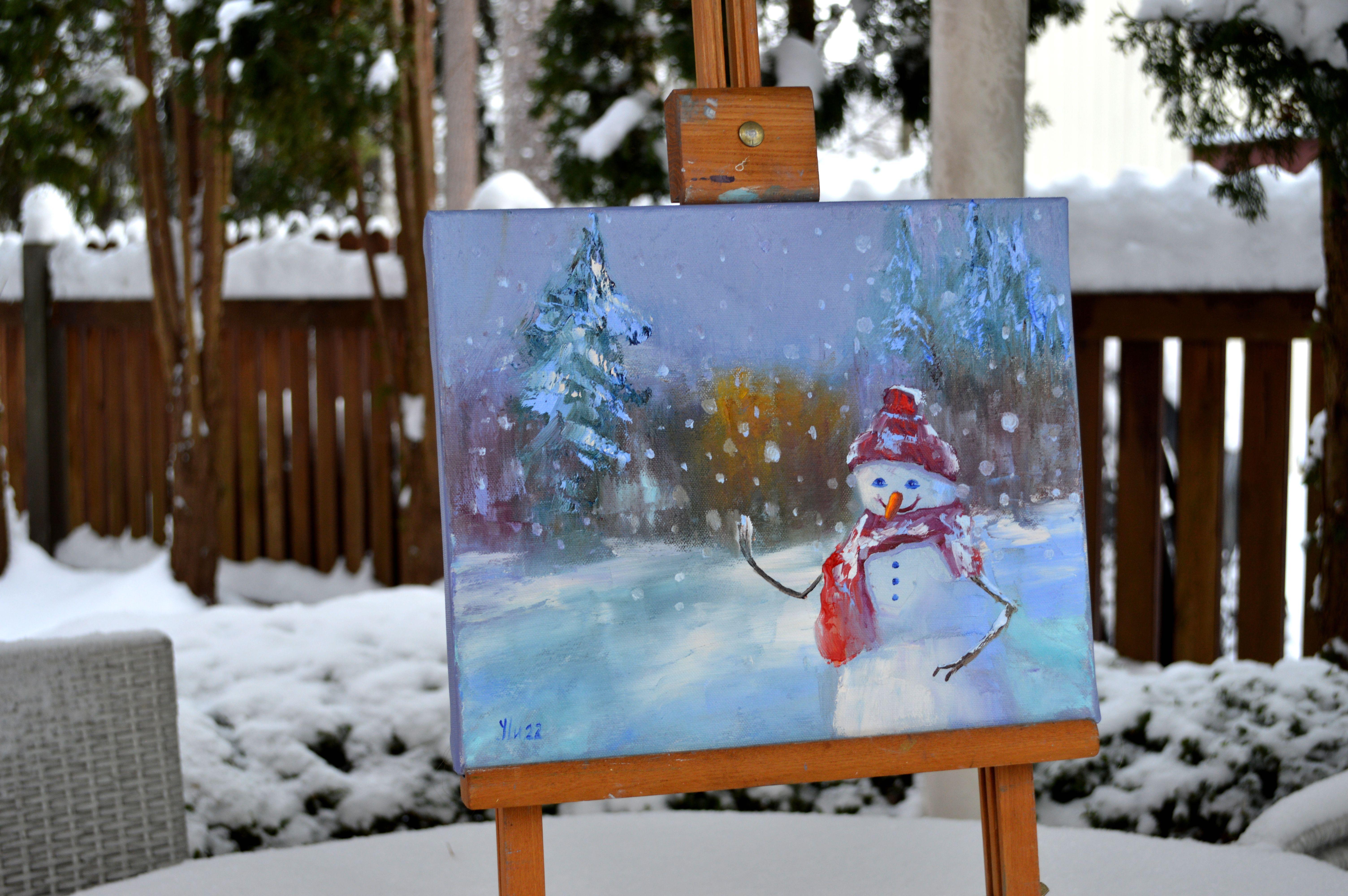 In this oil painting, I've captured a whimsical snowman, the embodiment of winter joy. The expressive strokes and vibrant palette evoke the crisp, enlivening air of a snowy forest. This charming figure, adorned with a jovial hat and scarf, reaches