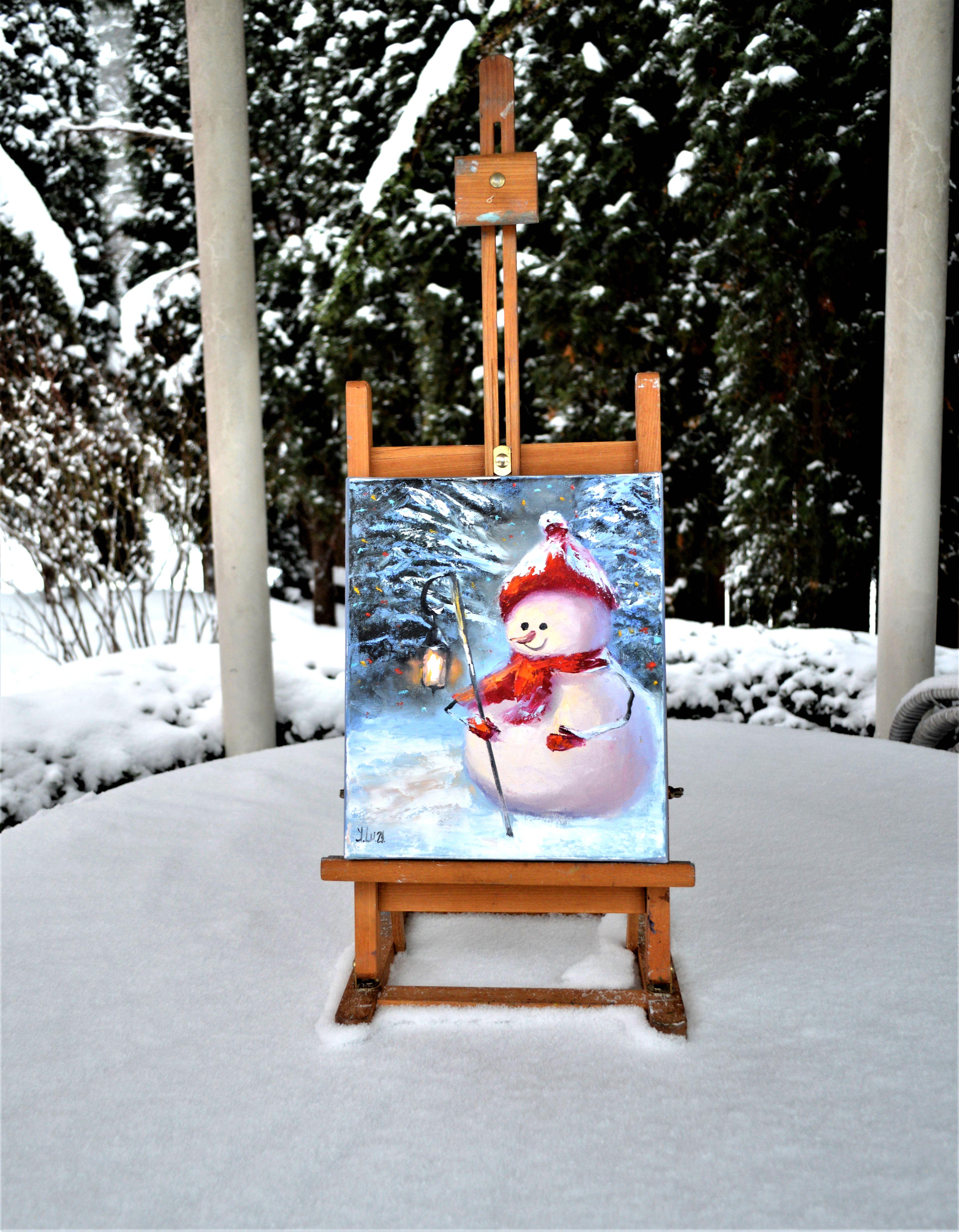 Snowman with a flashlight 30X25 - Painting by Elena Lukina