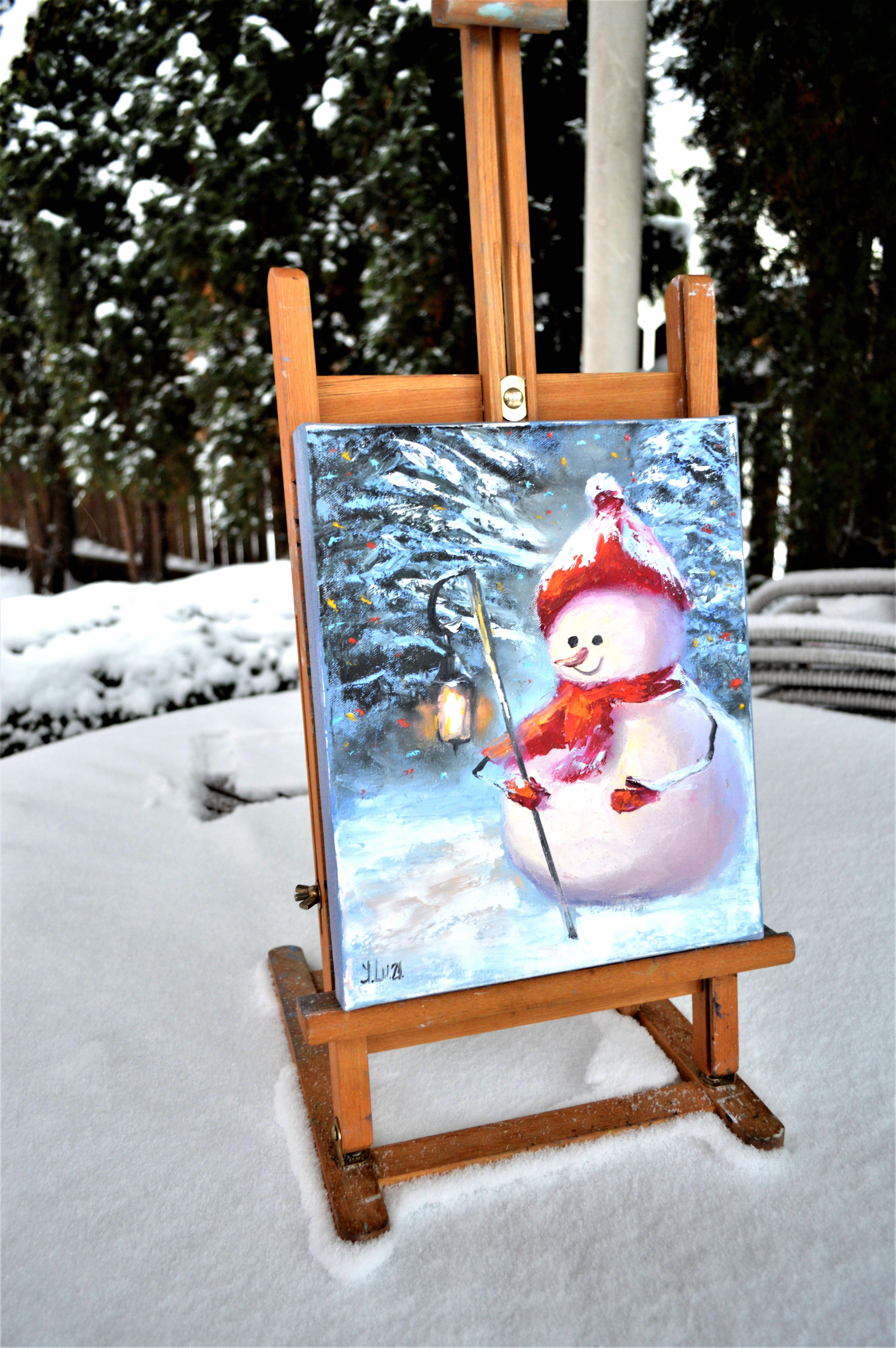 Snowman with a flashlight 30X25 - Expressionist Painting by Elena Lukina