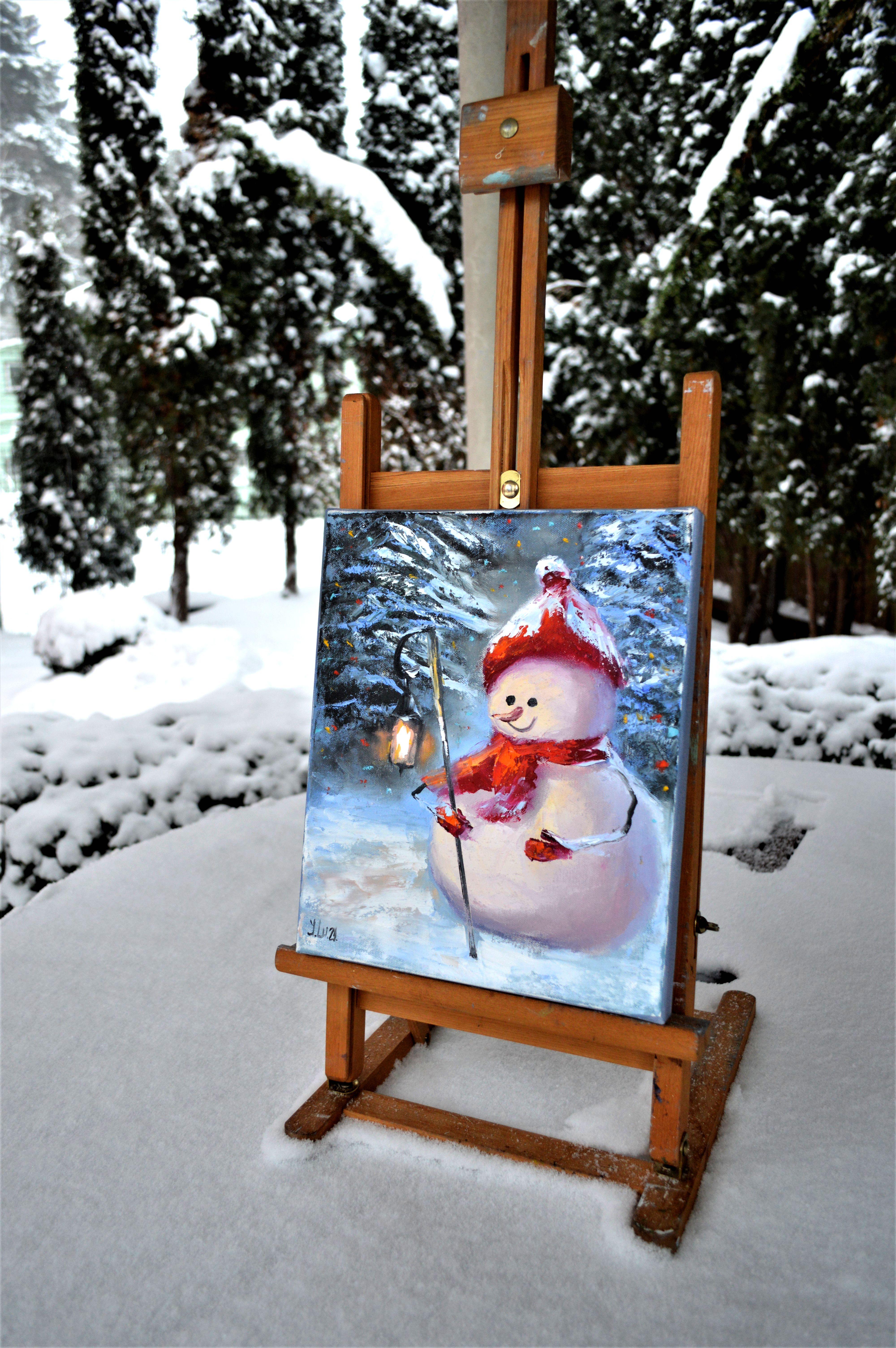 Muñeco de nieve con linterna 30X25 - Figurative Painting Azul de Elena Lukina
