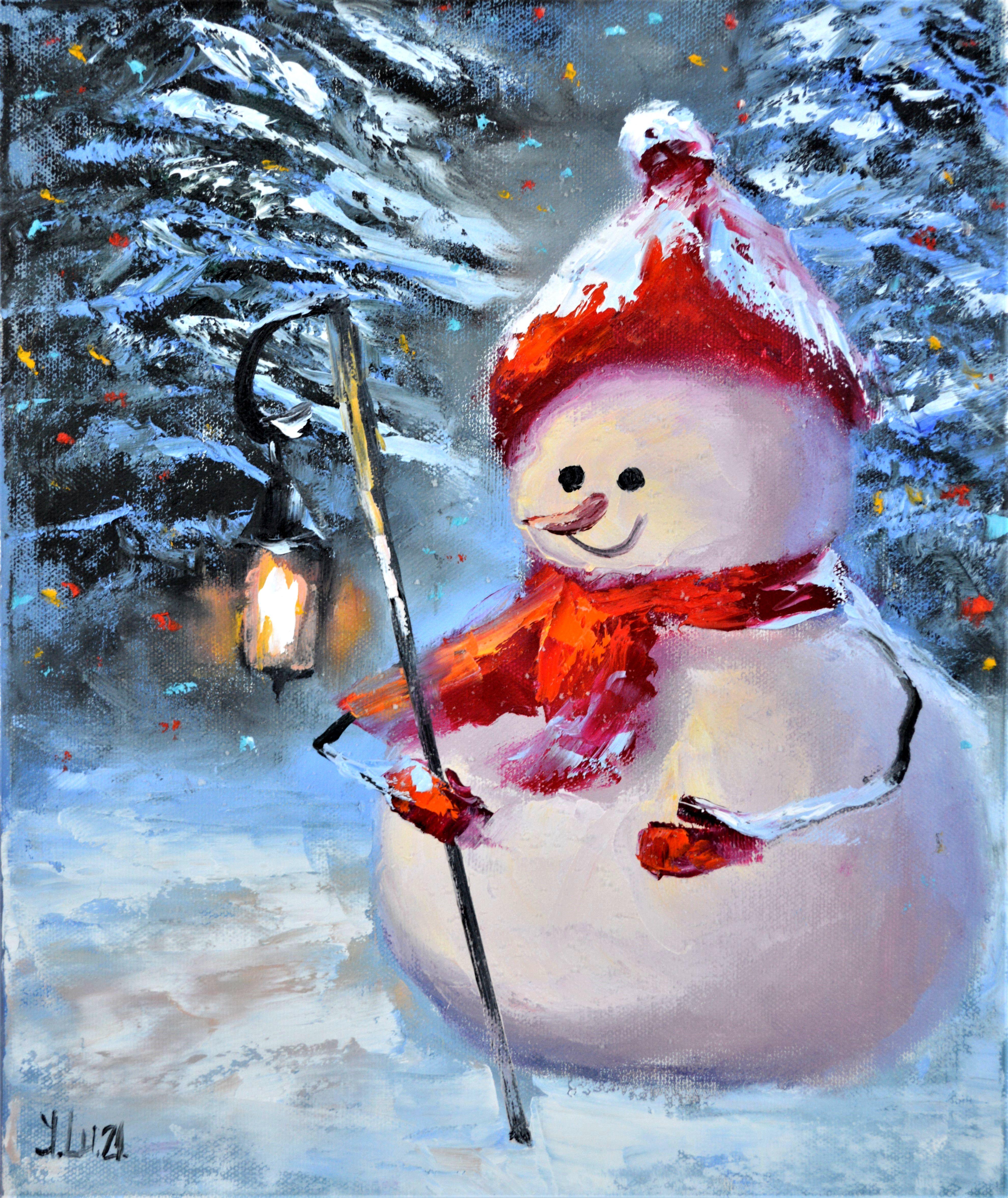 Snowman with a flashlight 30X25