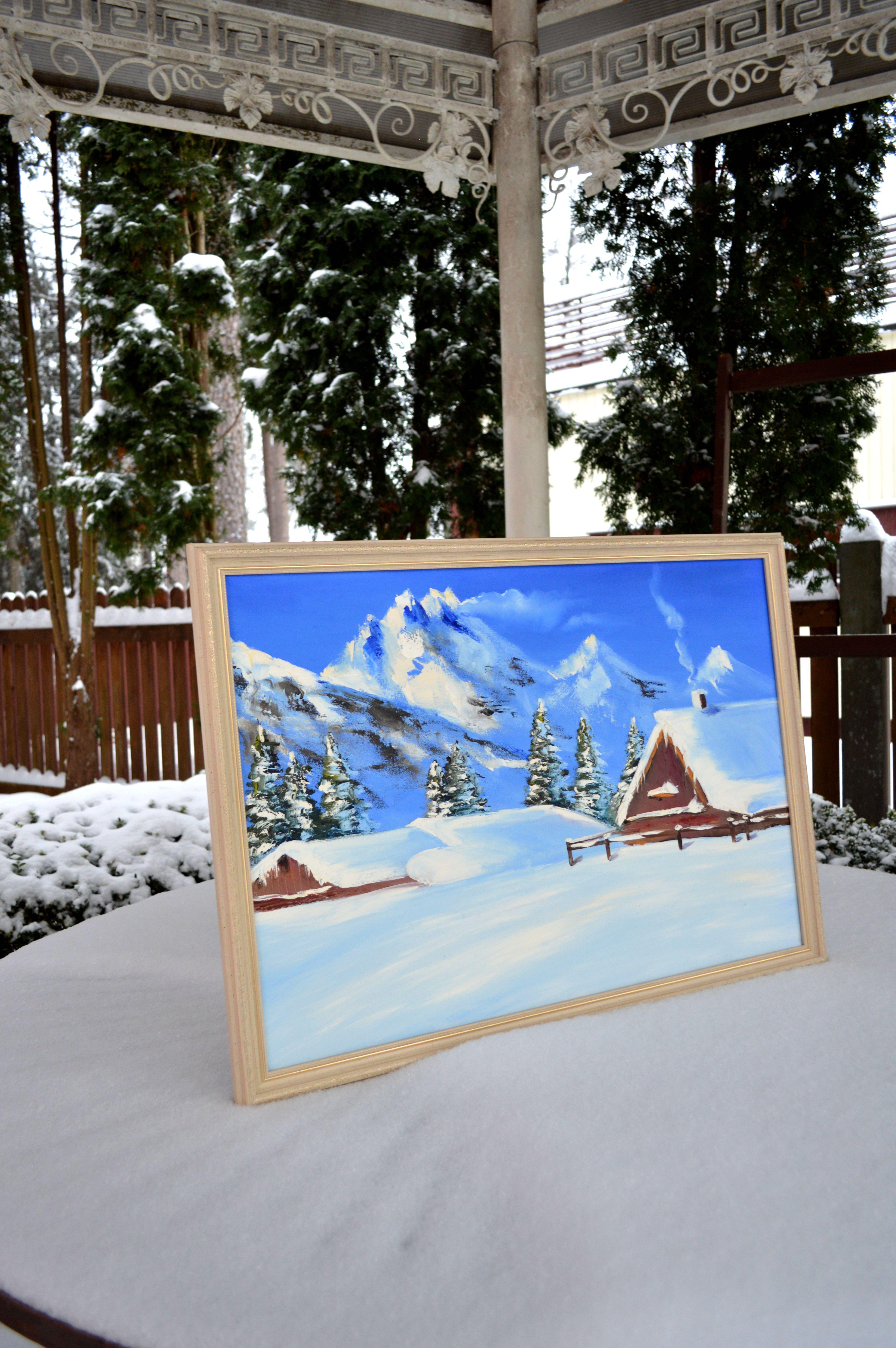 WINTER SALE! Snowy chalet 50X70 oil painting For Sale 6