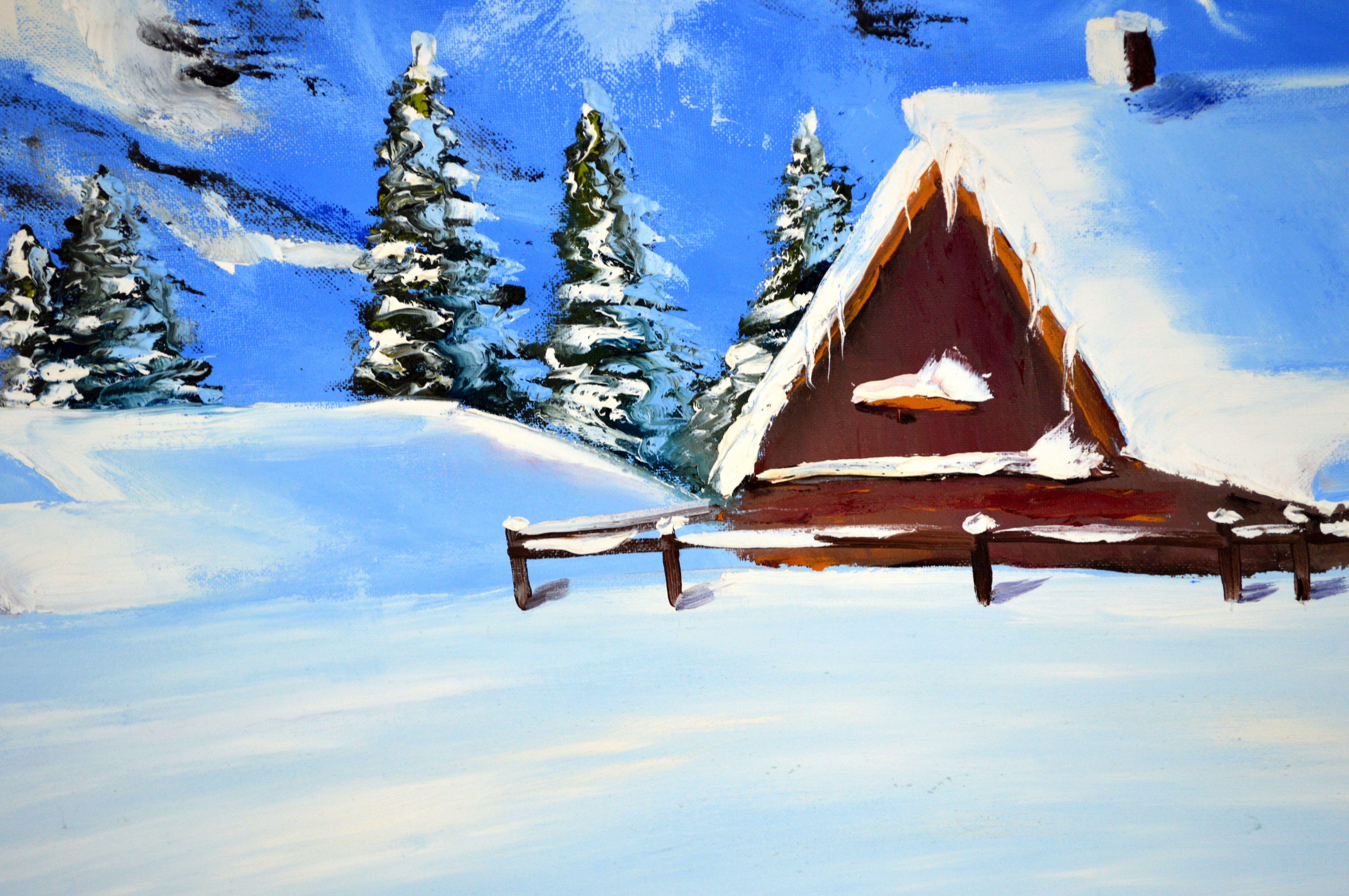 WINTER SALE! Snowy chalet 50X70 oil painting For Sale 8