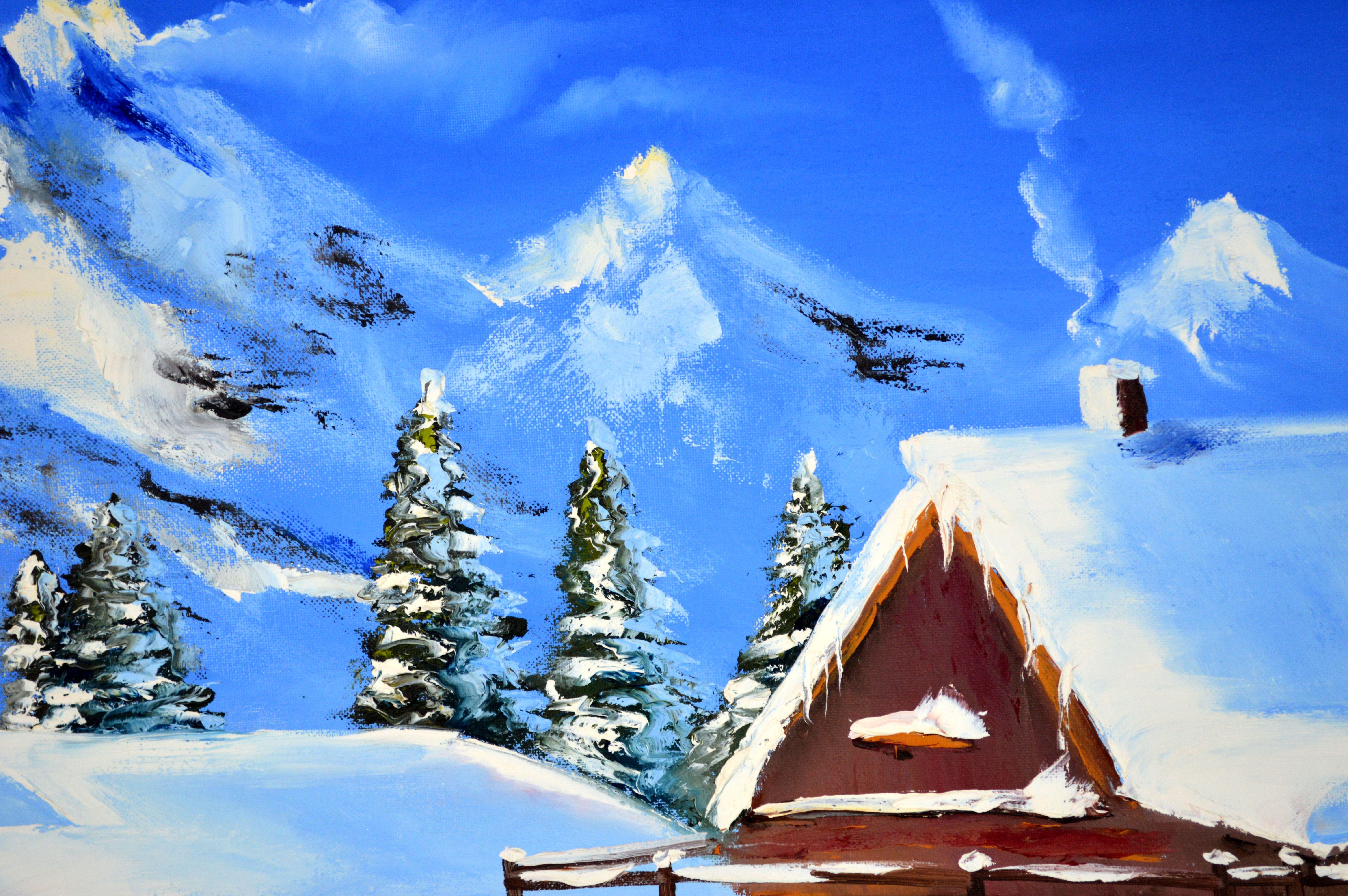 WINTER SALE! Snowy chalet 50X70 oil painting For Sale 9