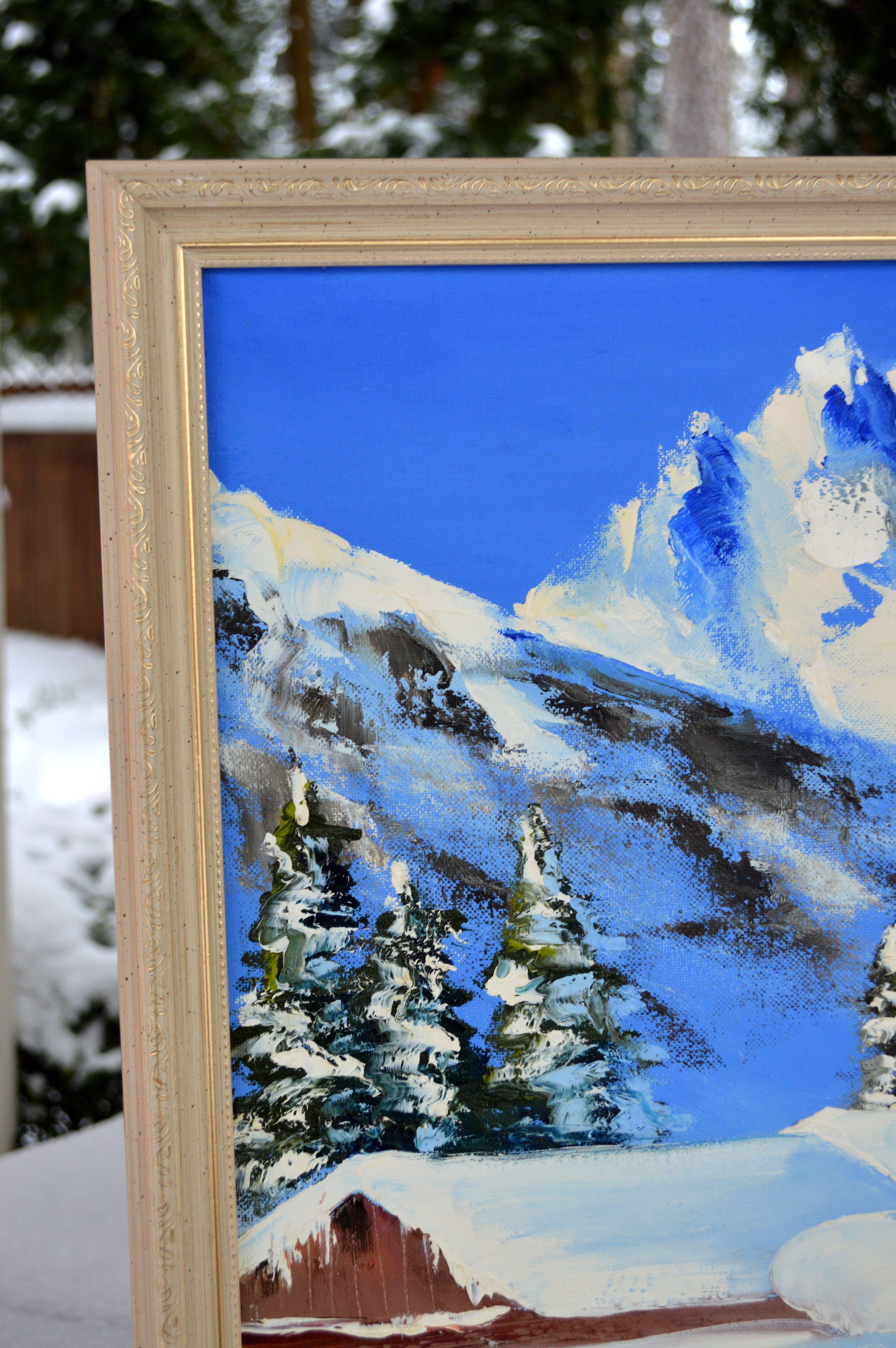 WINTER SALE! Snowy chalet 50X70 oil painting For Sale 11