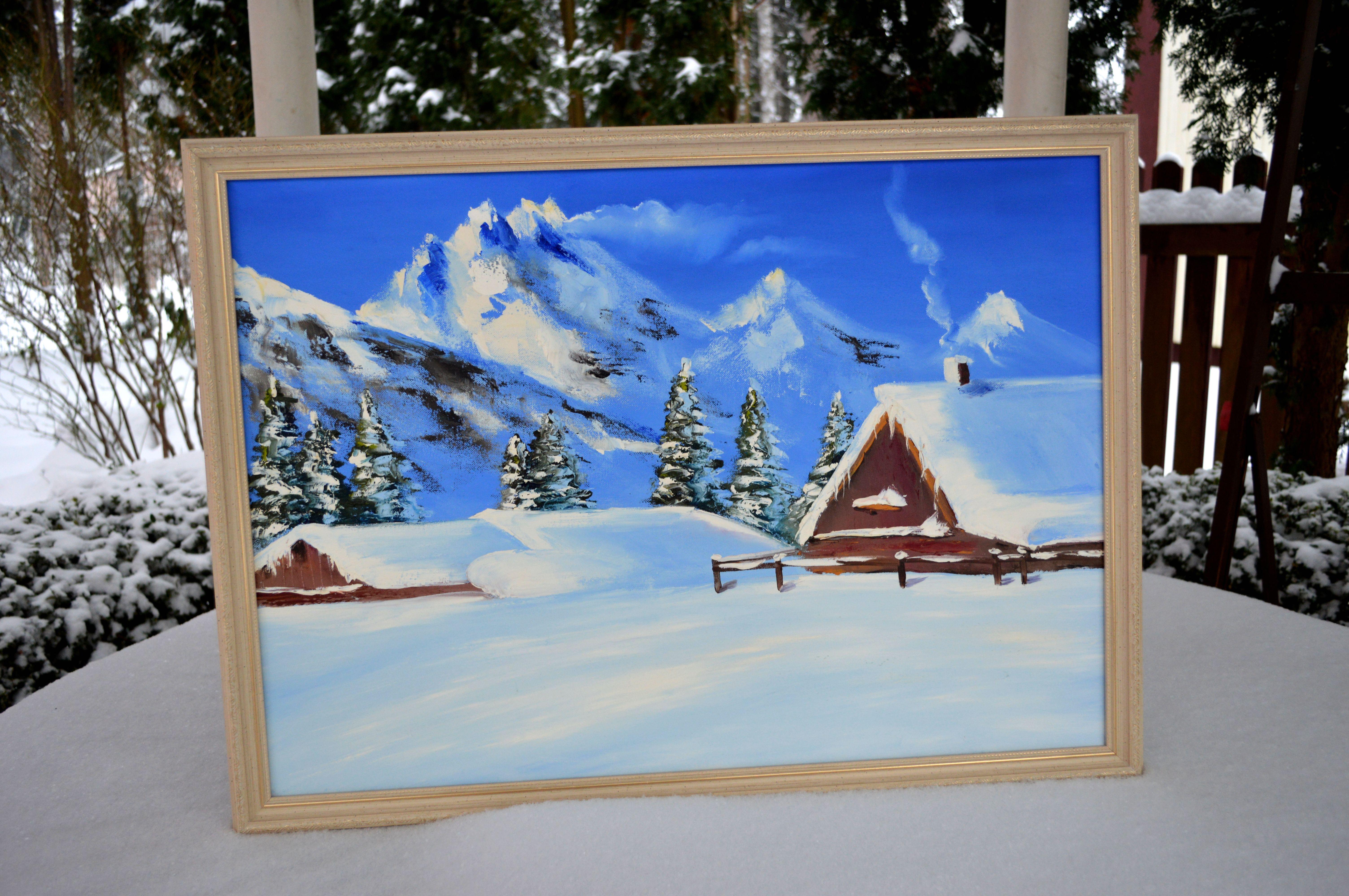 WINTER SALE! Snowy chalet 50X70 oil painting - Painting by Elena Lukina