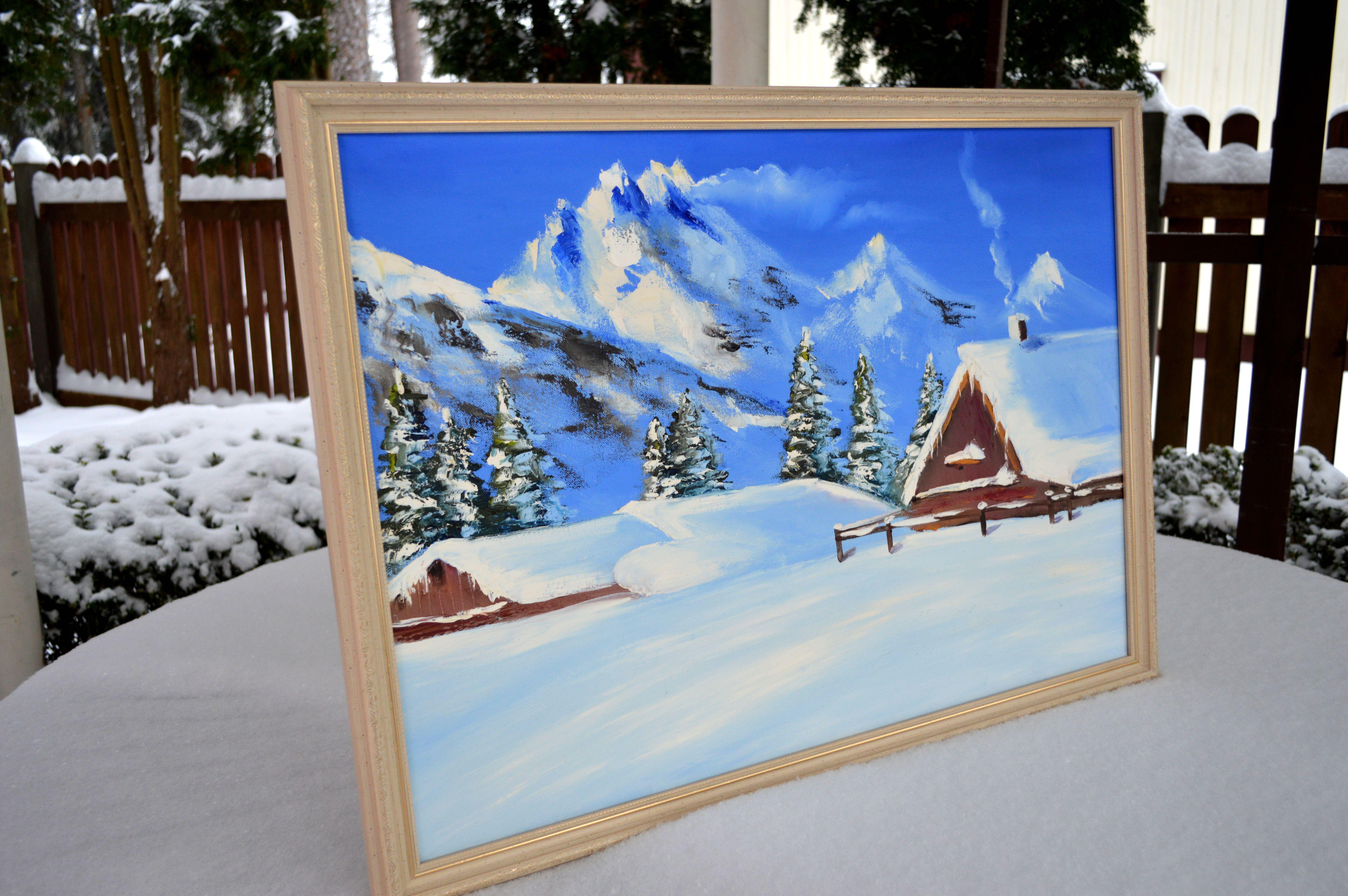 WINTER SALE! Snowy chalet 50X70 oil painting - Expressionist Painting by Elena Lukina