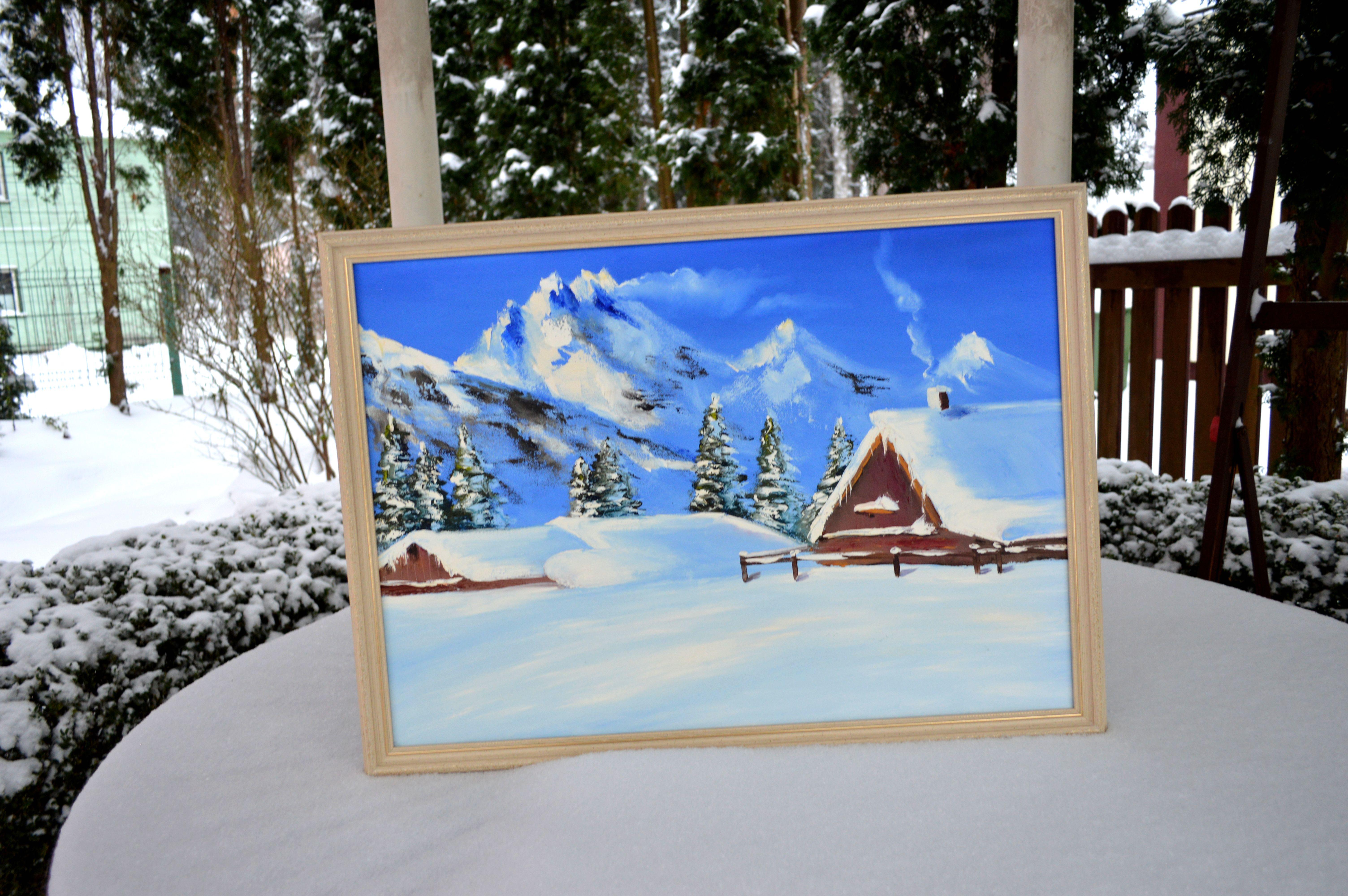 WINTER SALE! Snowy chalet 50X70 oil painting For Sale 1