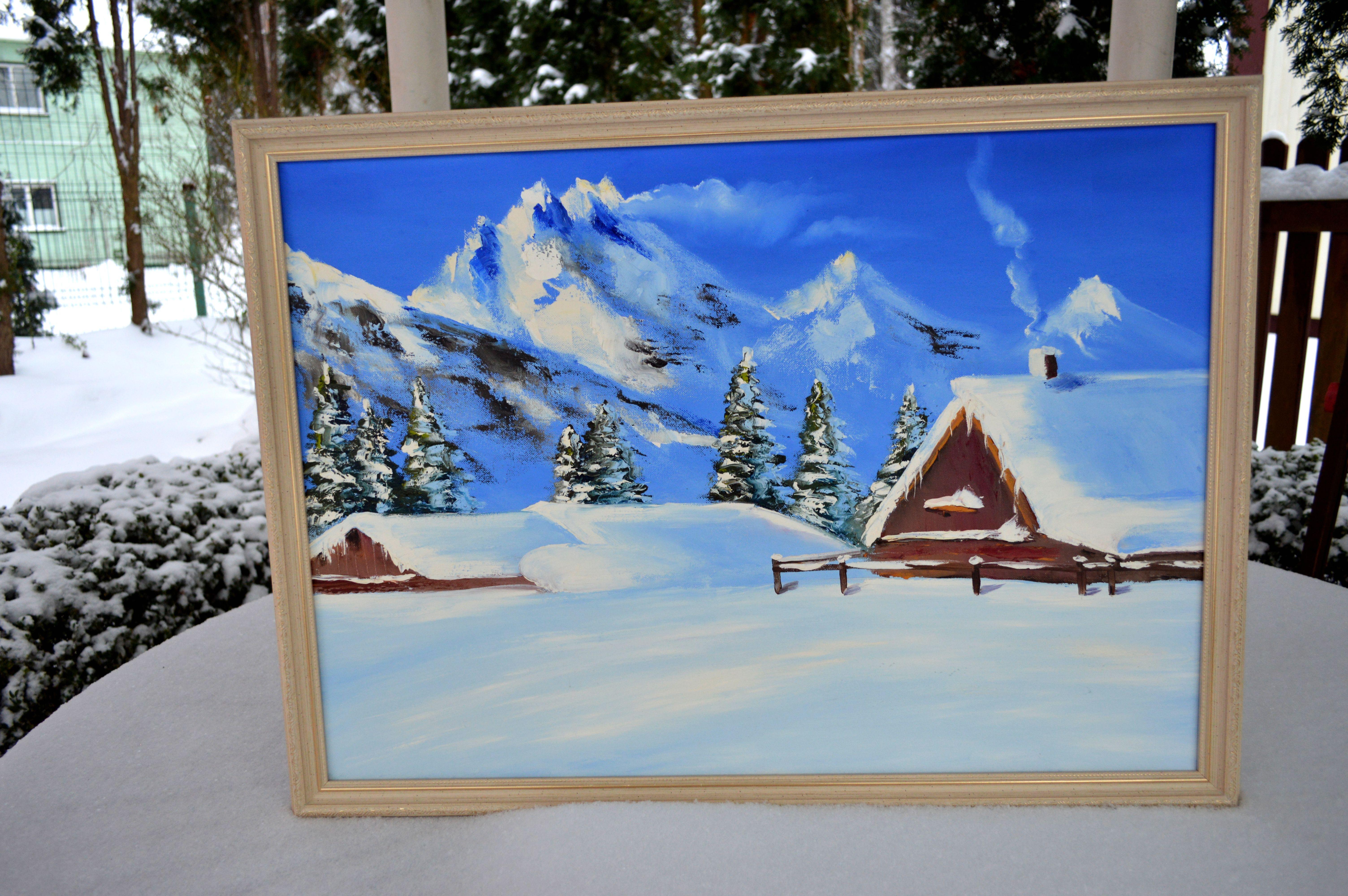 WINTER SALE! Snowy chalet 50X70 oil painting For Sale 2