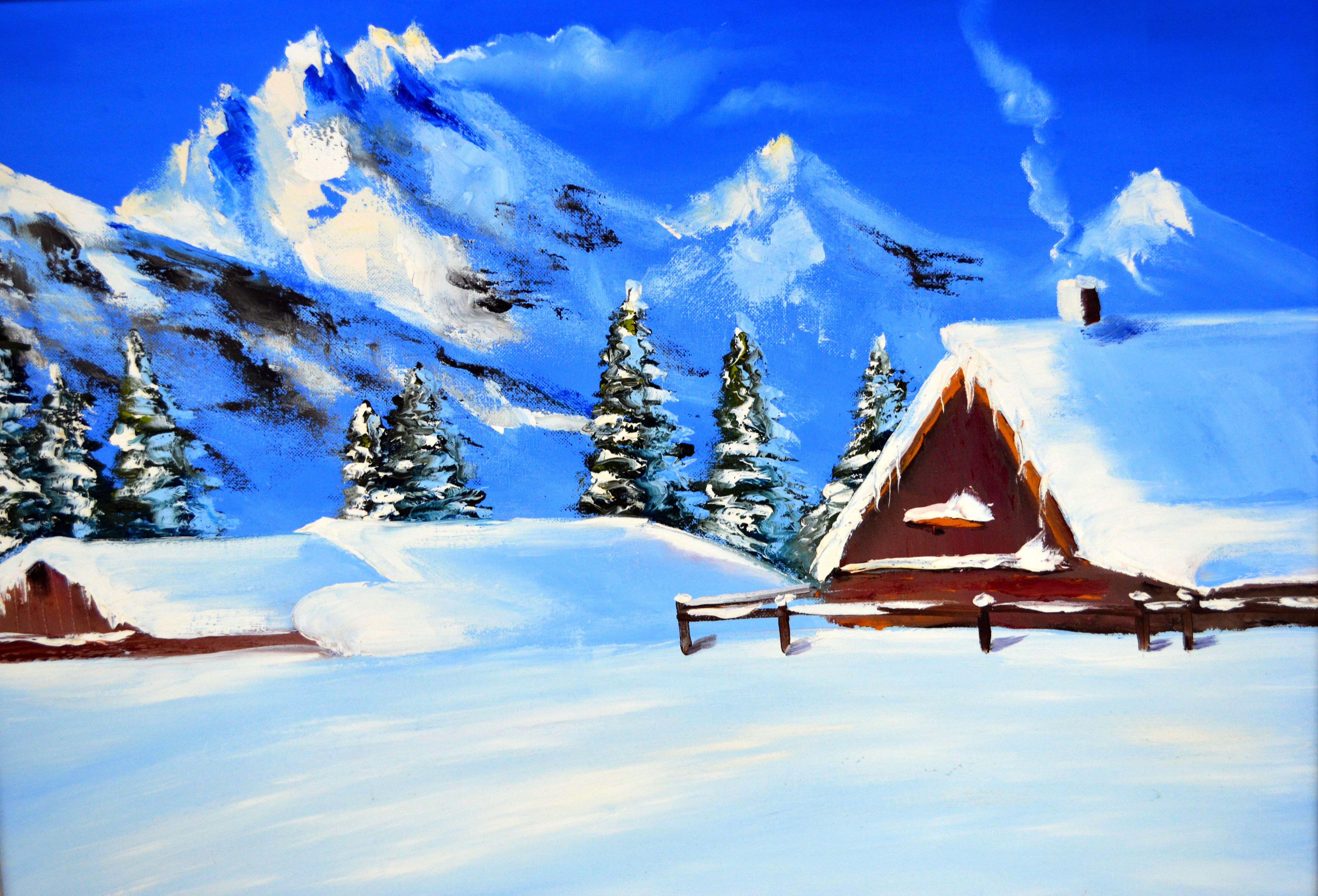 Elena Lukina Landscape Painting - WINTER SALE! Snowy chalet 50X70 oil painting